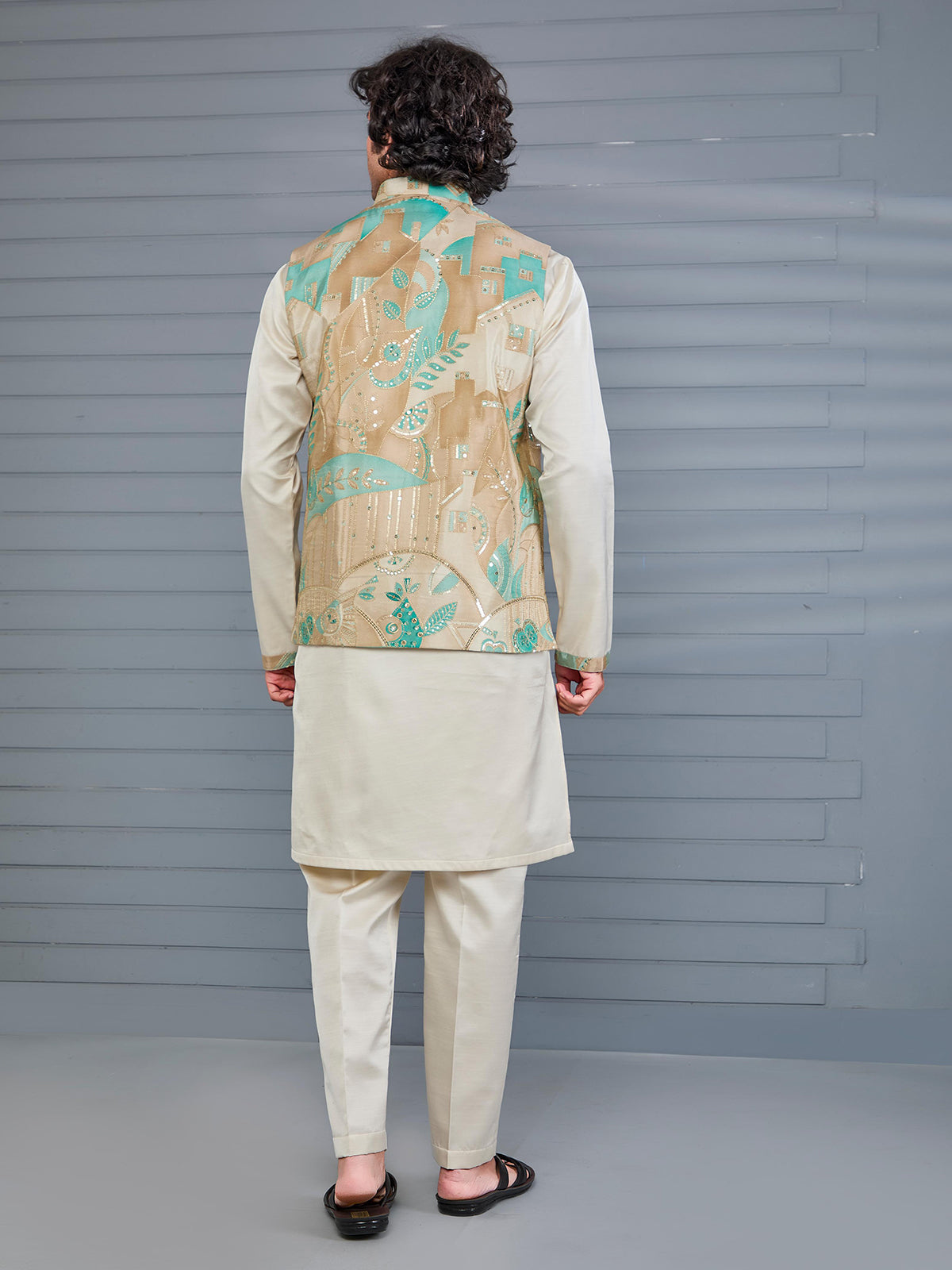 Beige printed viscose silk festive wear waistcoat set
