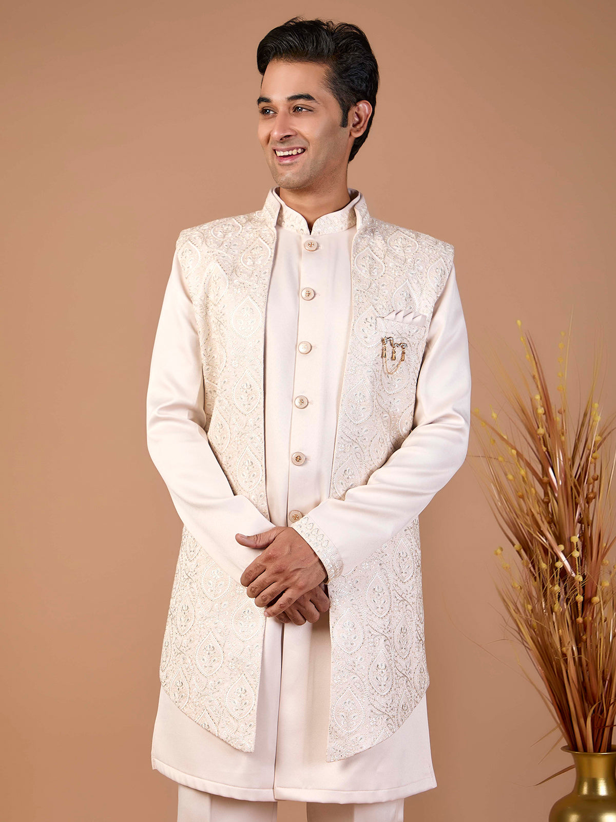 Beige malai silk embroidered indowestern set with jacket style