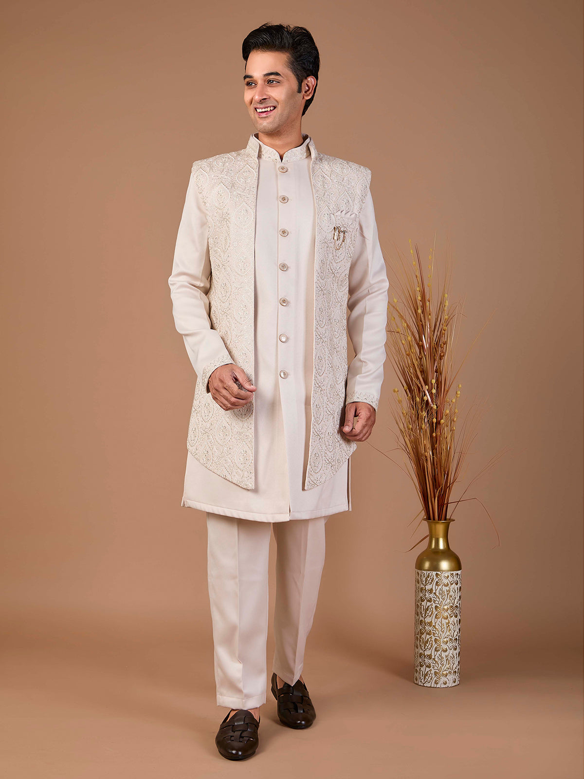Beige malai silk embroidered indowestern set with jacket style