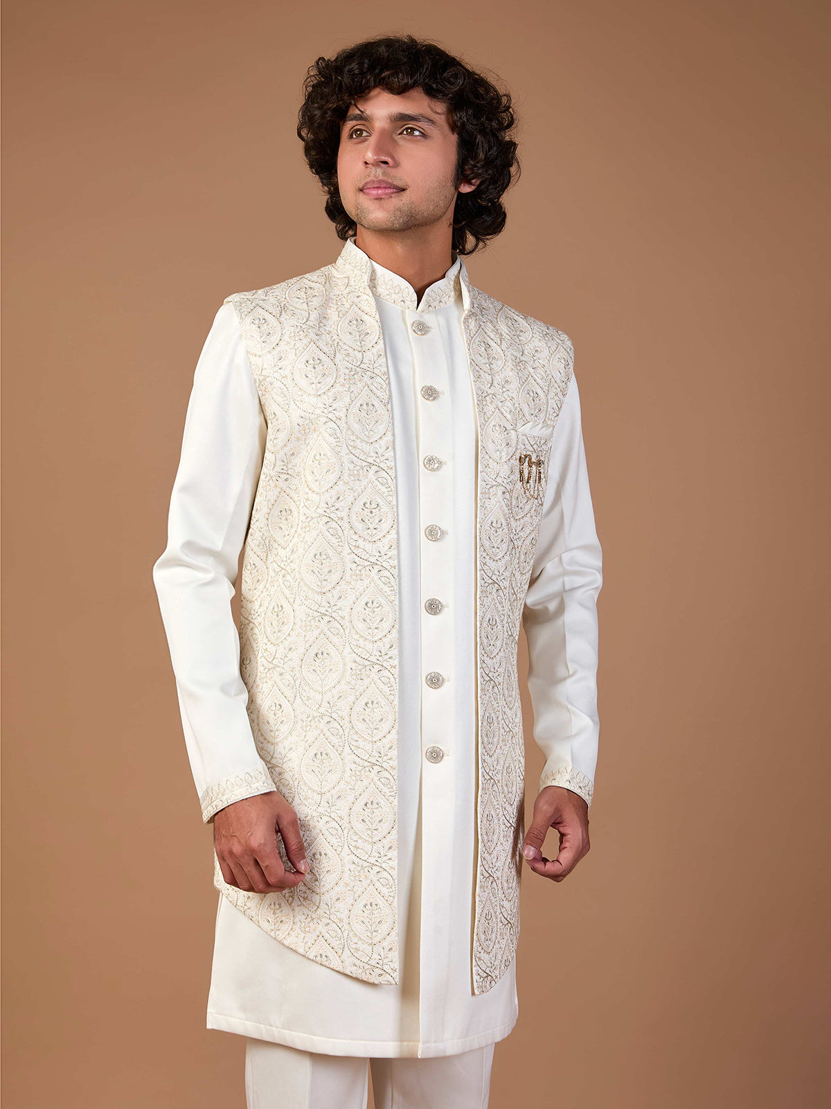 Cream malai silk jacket style embroidered indowestern set