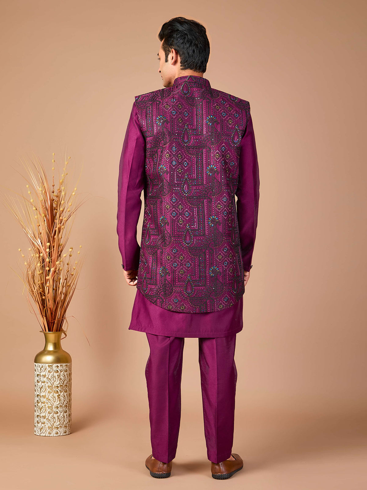 Purple silk embroidered indowestern set jacket ensemble