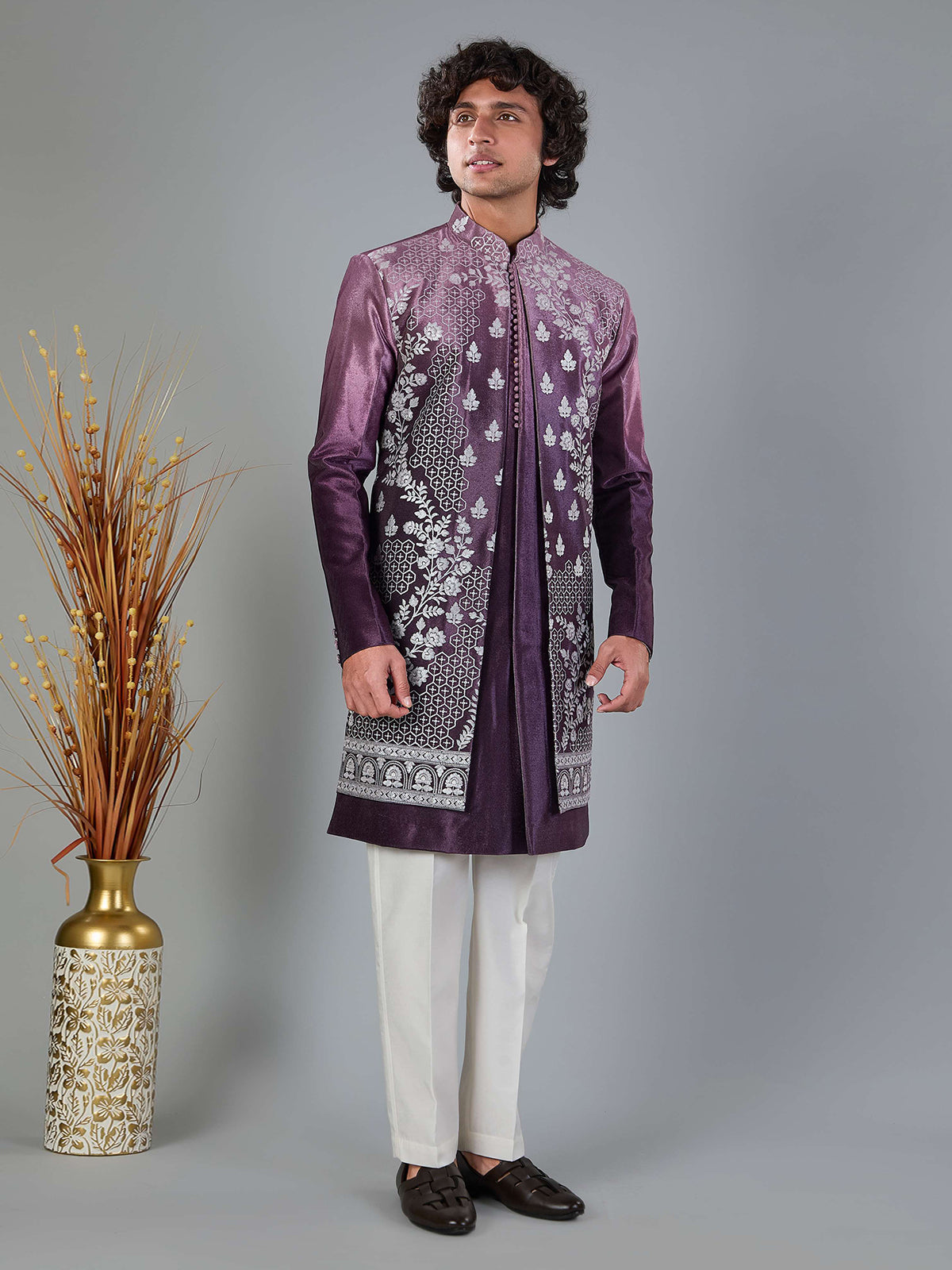 Pastel purple shaded velvet indowestern set