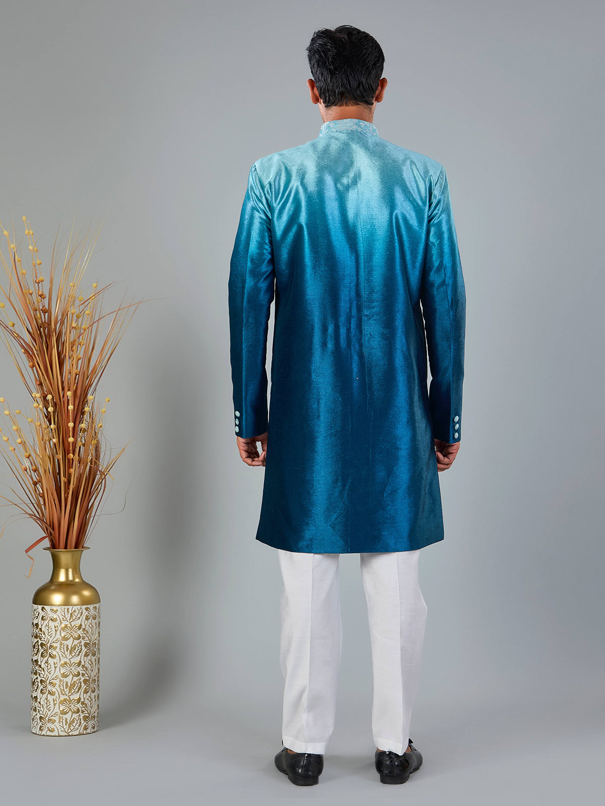 Blue shaded velvet thread embroidered indowestern set