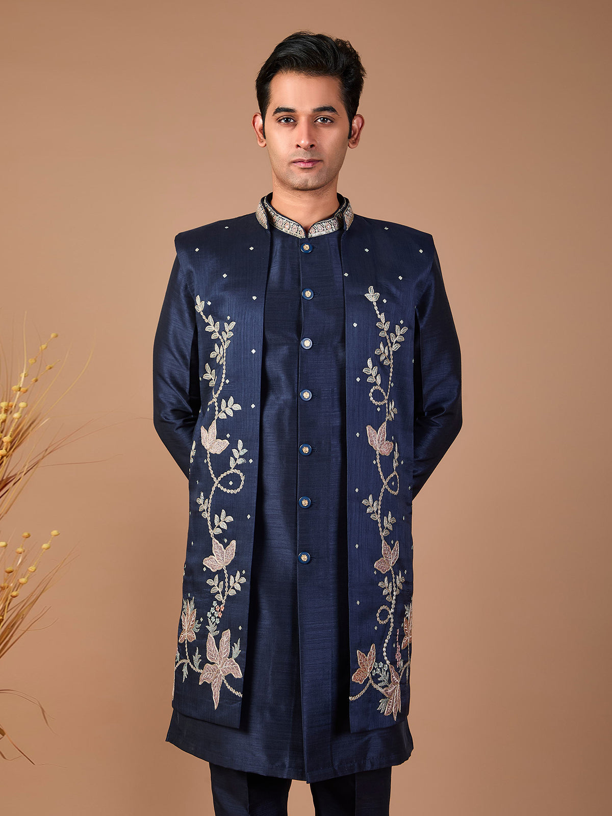 Navy silk embroidered jacket style indowestern set for men