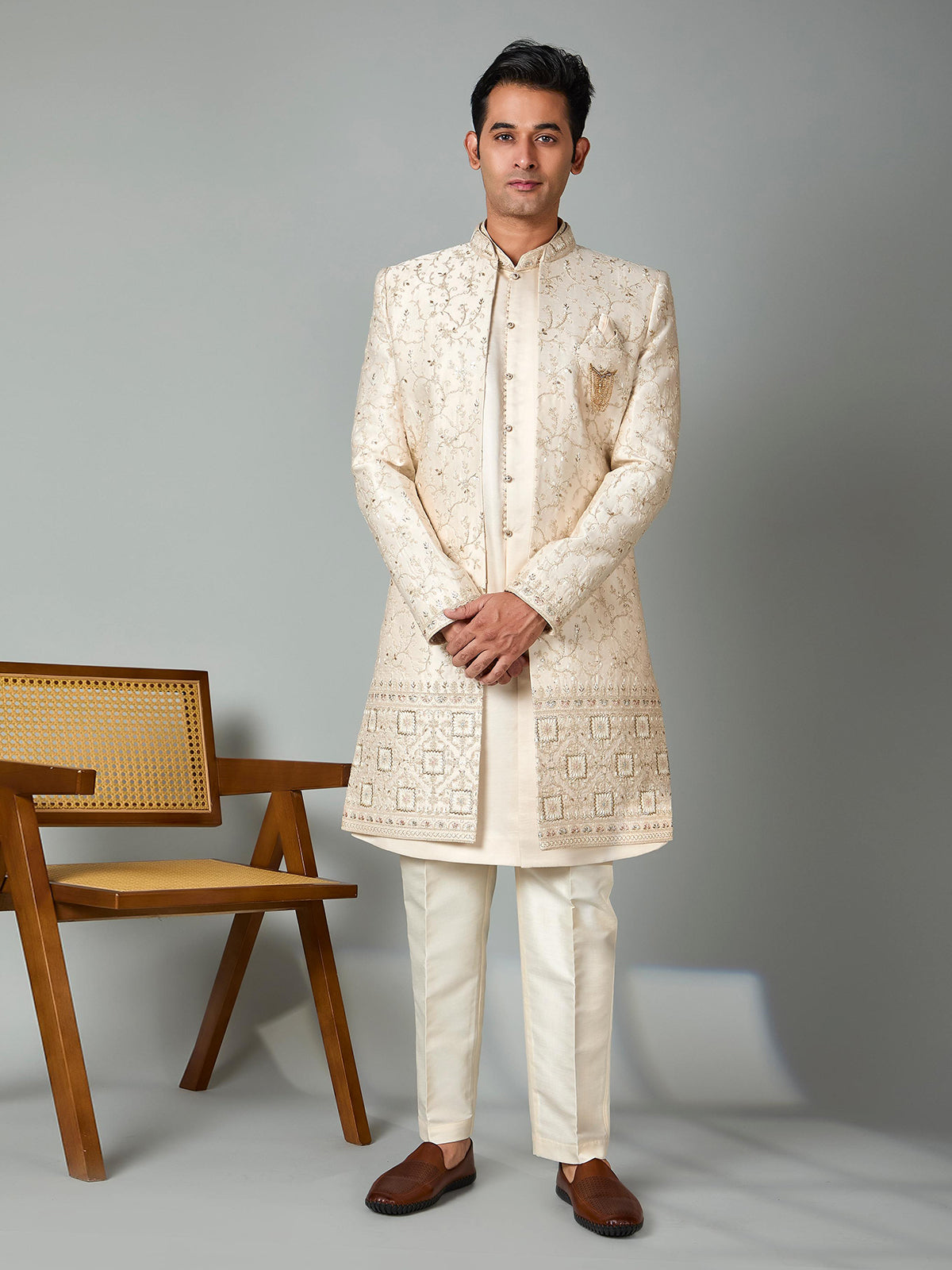 Cream satin silk indowestern set with brooch