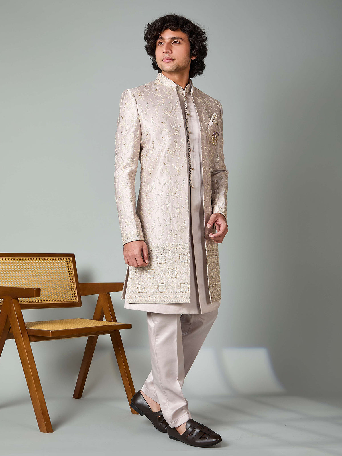 Beige satin silk thread and resham work indowestern set