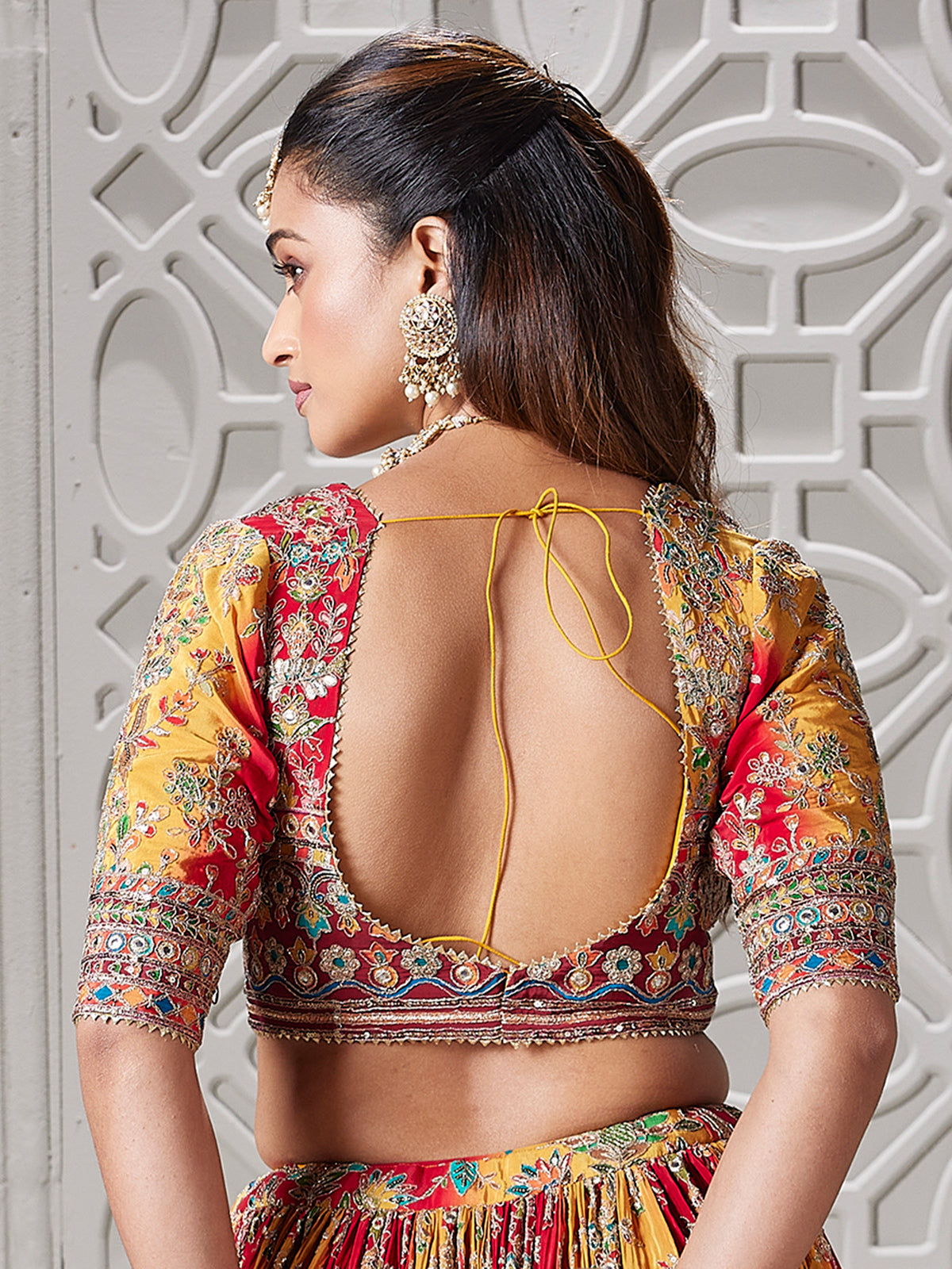 Yellow and red printed gota work lehenga choli