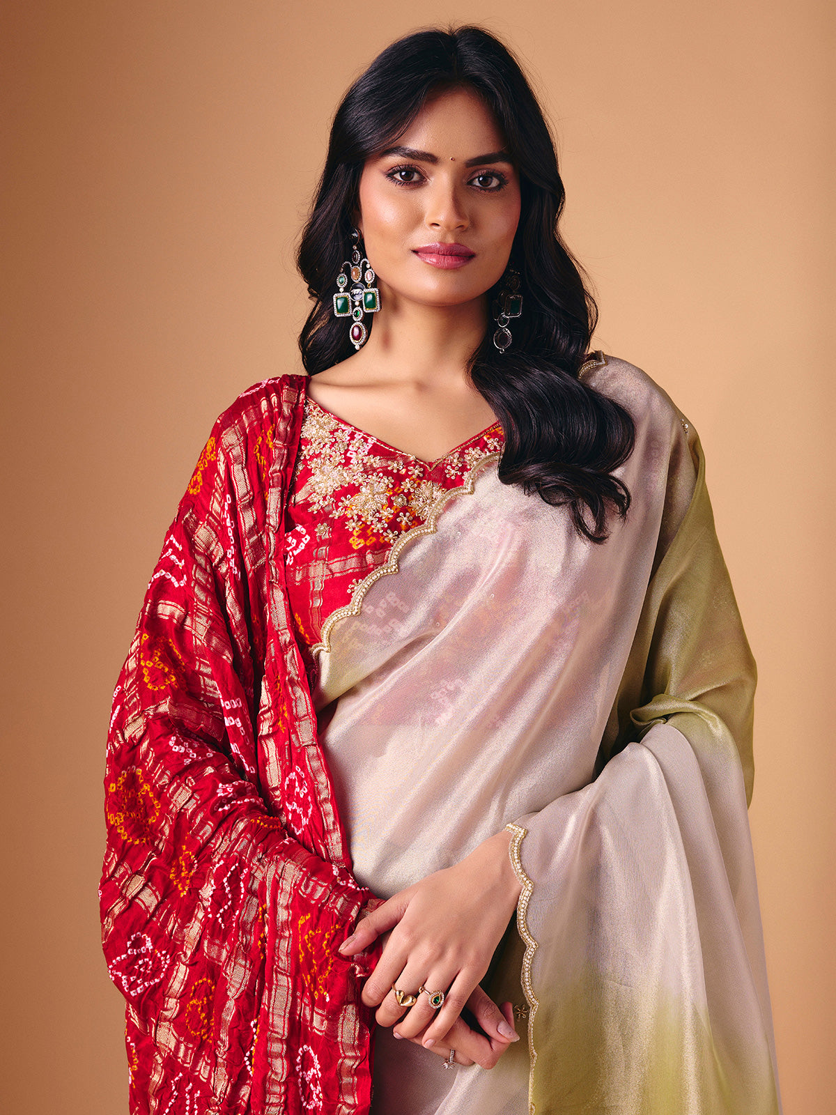 Olive shaded tissue silk saree with dupatta