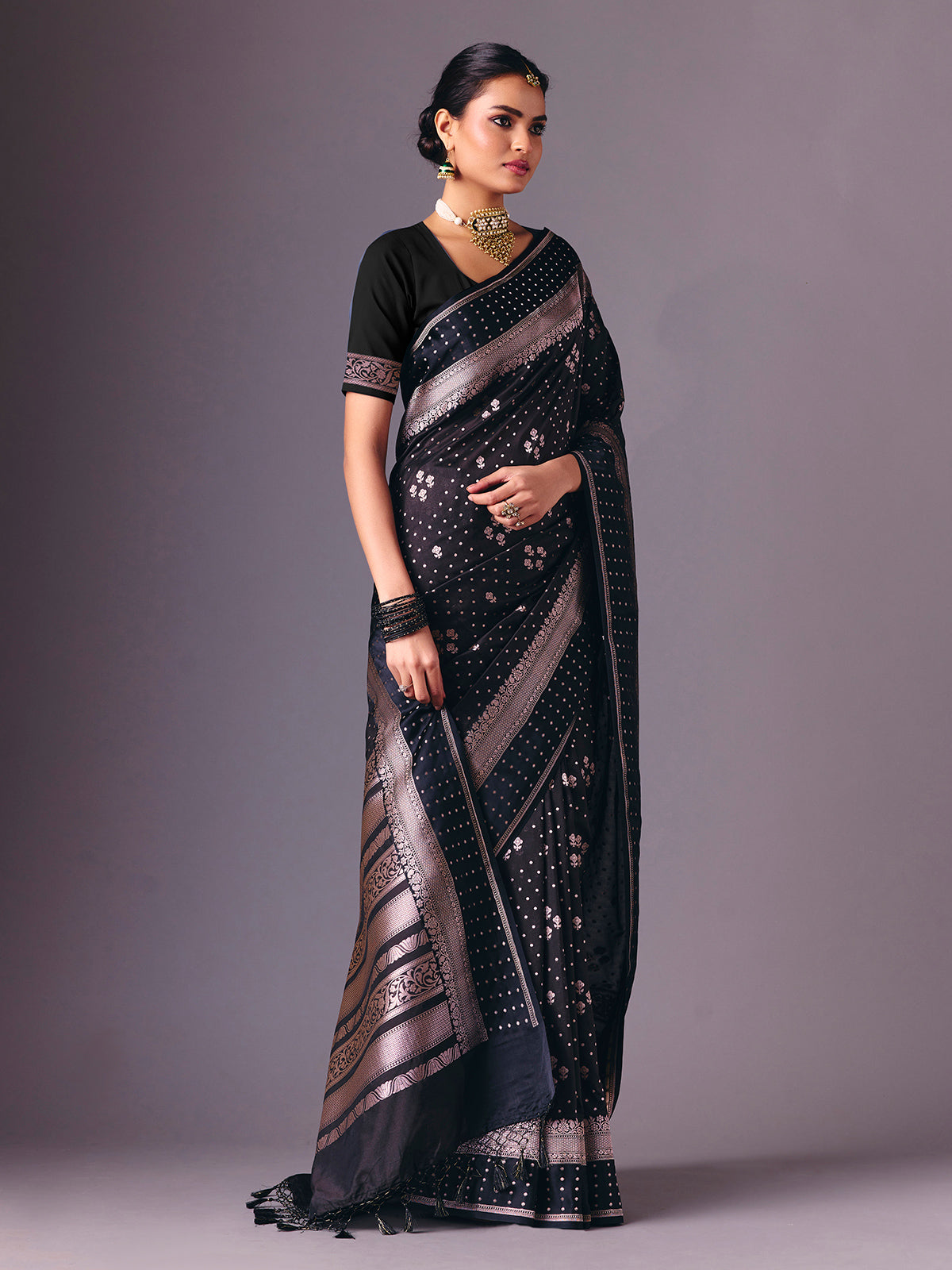 Black semi silk zari work saree