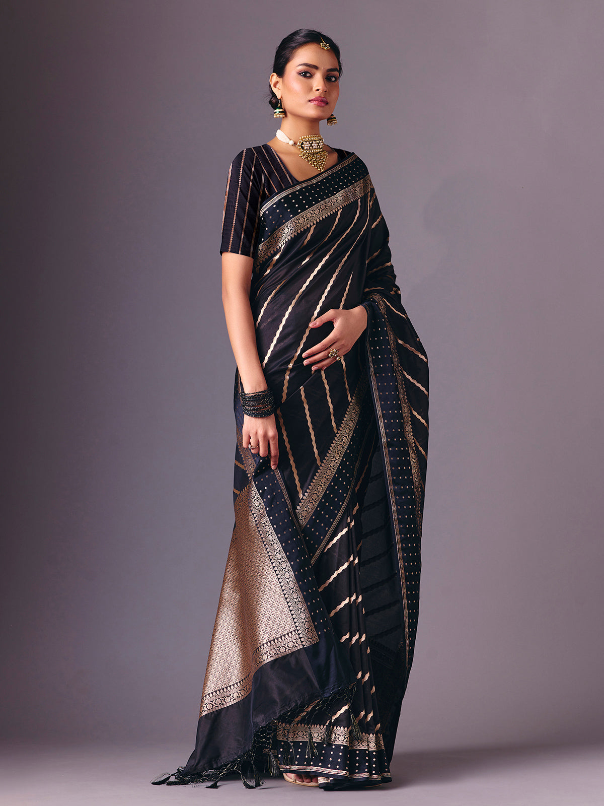 Black semi silk classic zari work saree