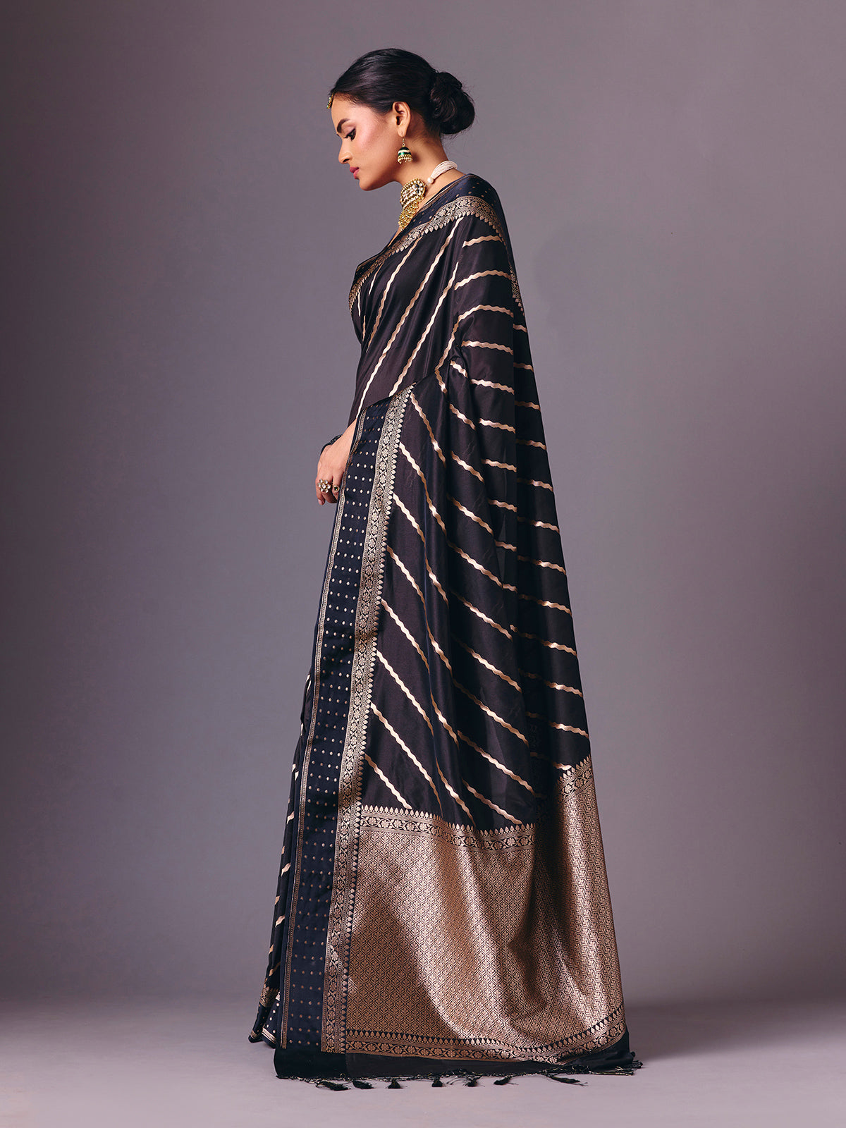 Black semi silk classic zari work saree