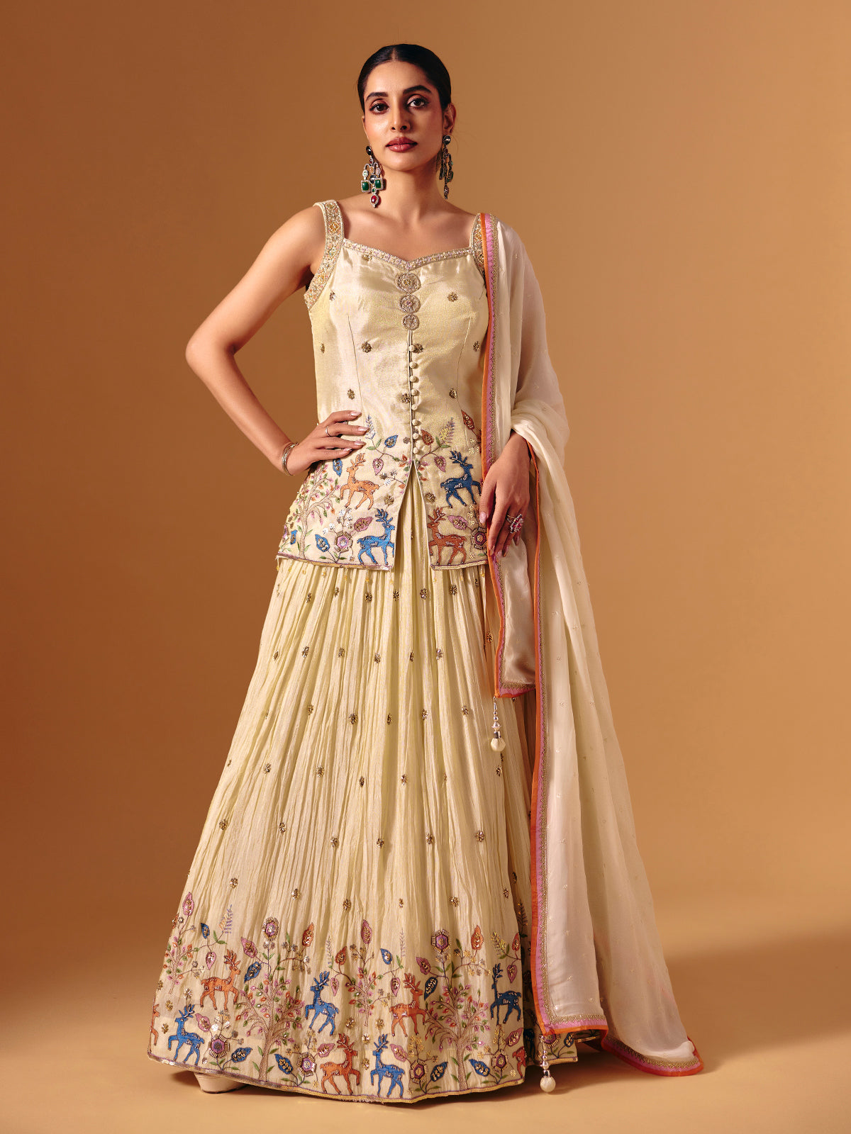 Cream silk sweetheart neck embroidered work lehenga choli