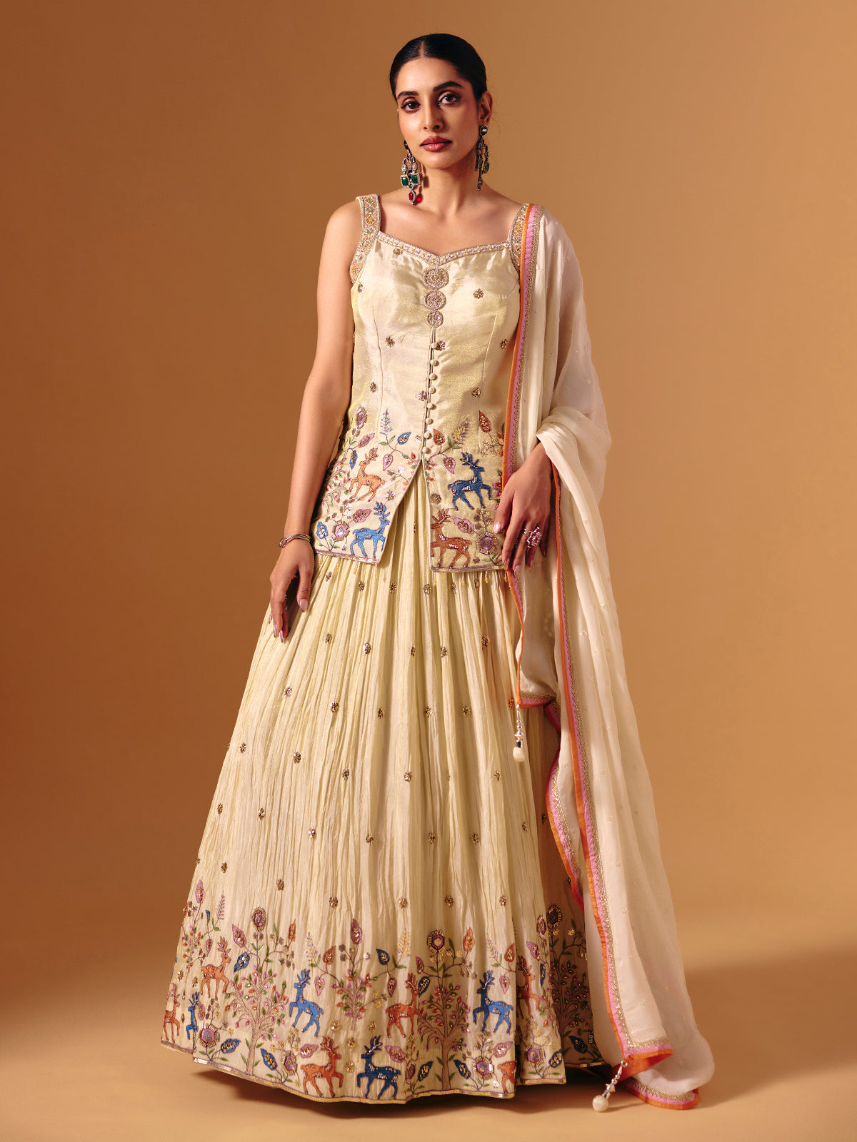 Cream silk sweetheart neck embroidered work lehenga choli