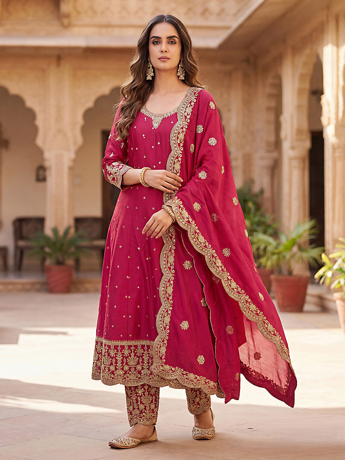 Maroon pakistani anarkali style silk salwar suit