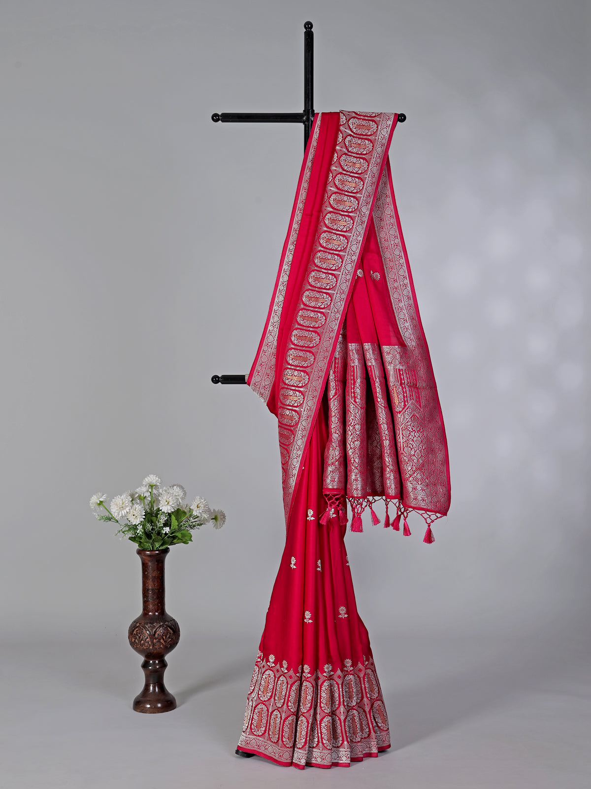 Magenta zari butti work satin silk saree