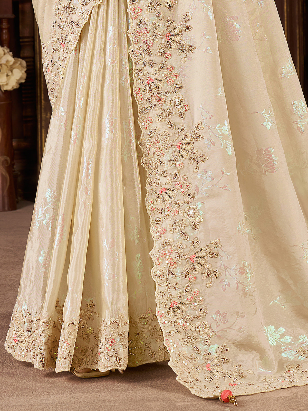 Cream soft silk stone work saree