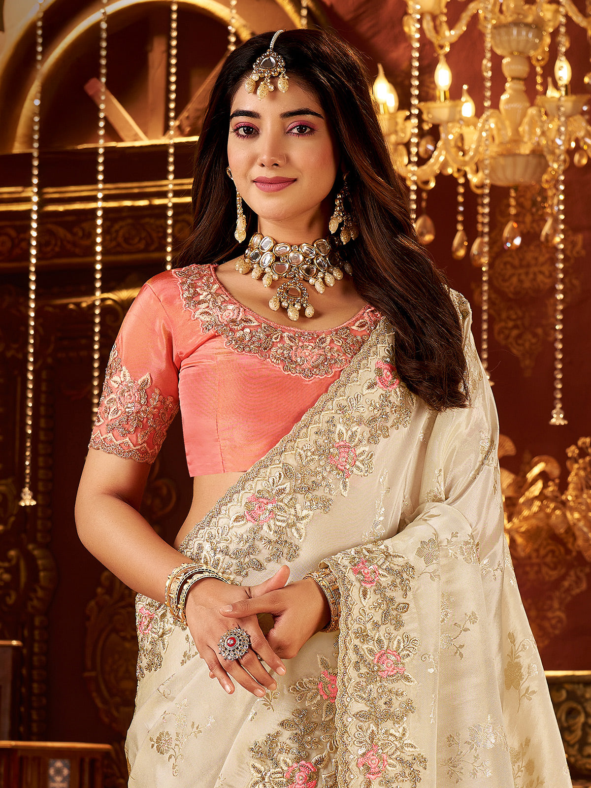 Cream soft silk zardosi work saree