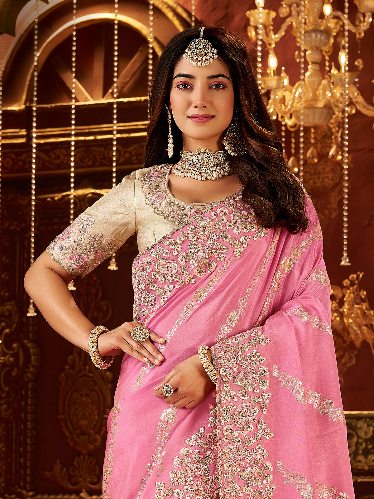 Light pink soft silk embroidered work saree