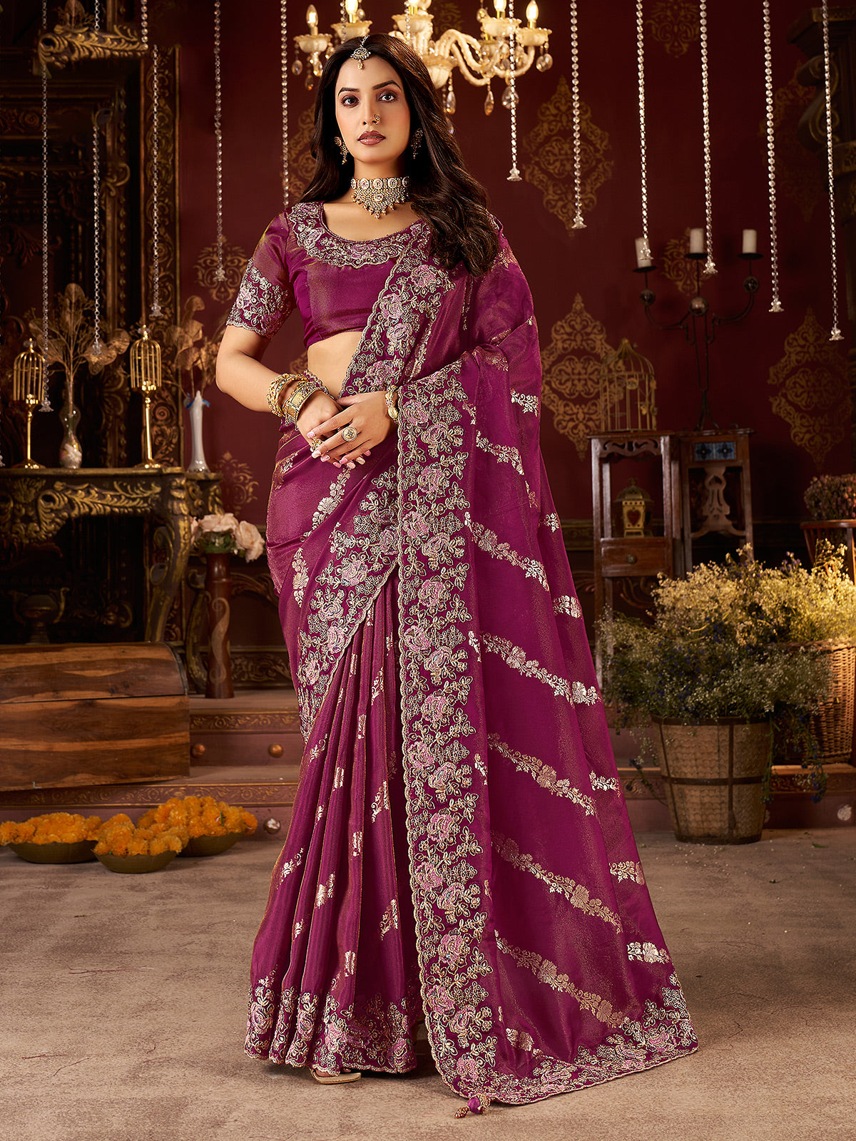 Wine soft silk zardosi and embroidered work saree