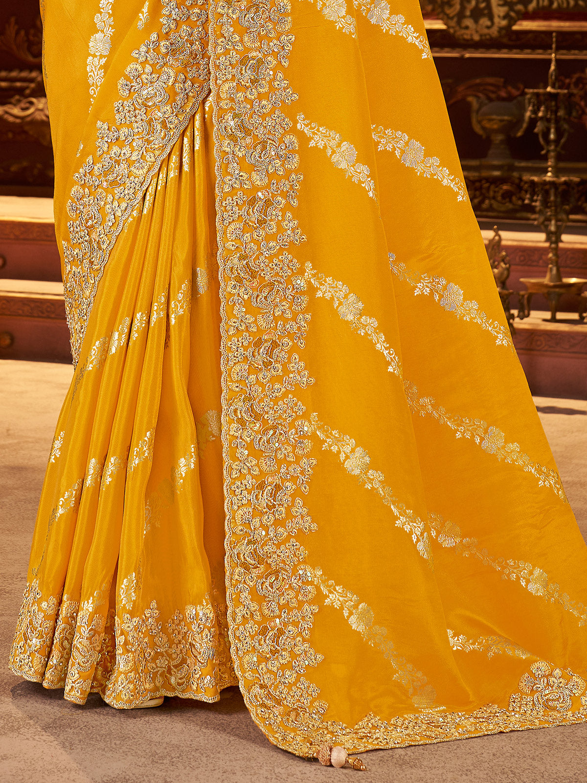 Mustard yellow soft silk zardosi work saree