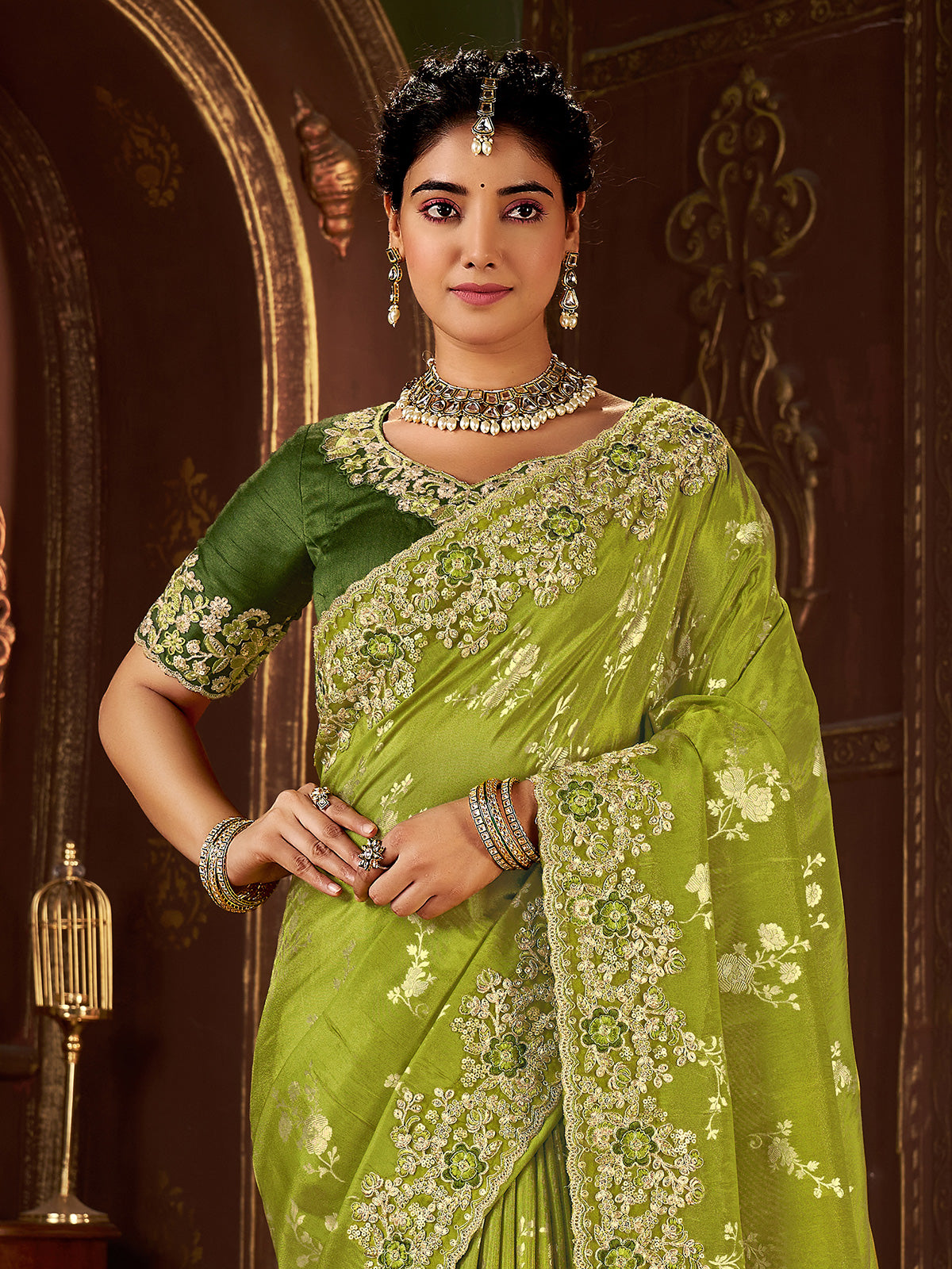 Mehendi green soft silk festive work saree