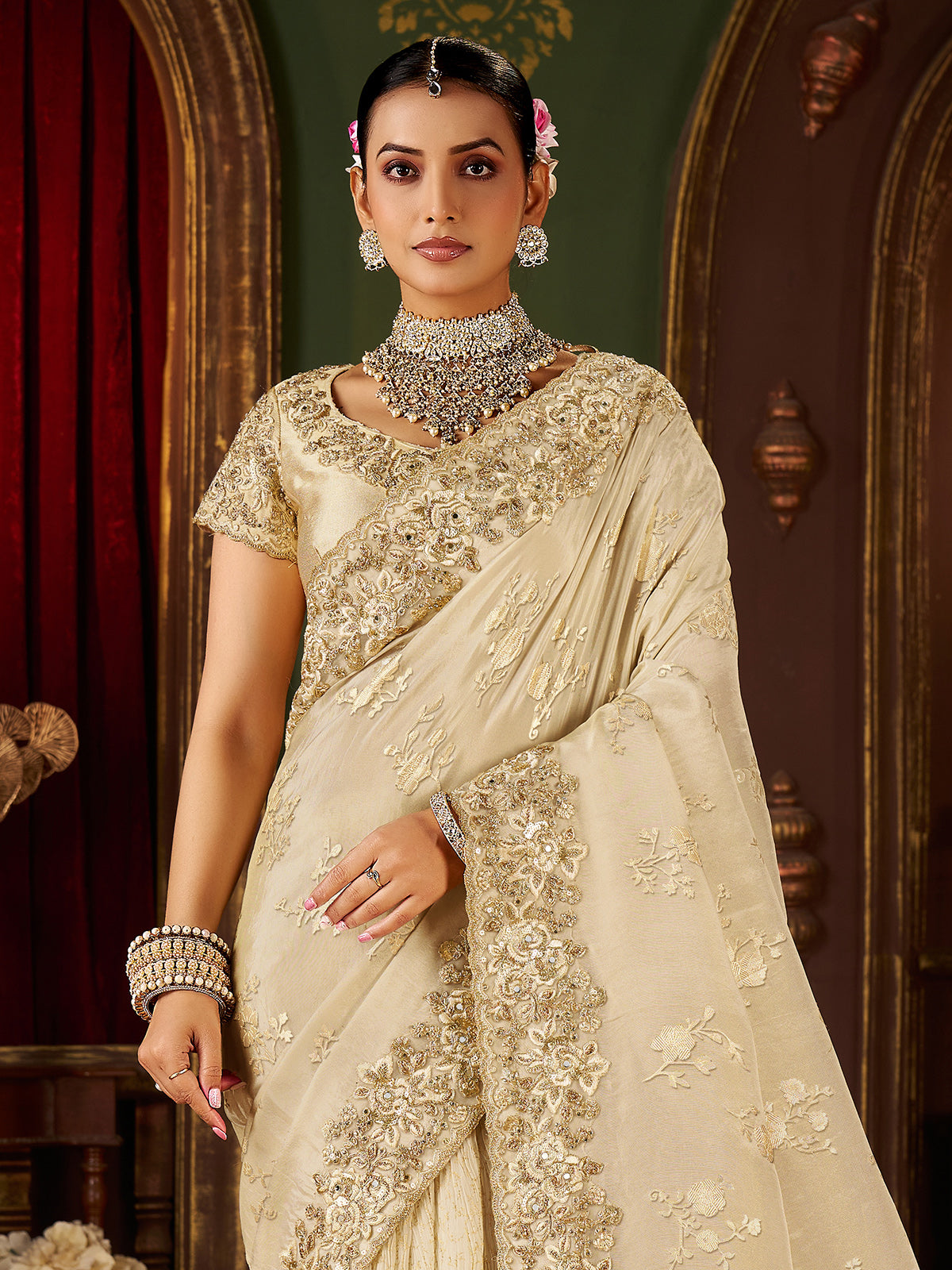 Beige soft silk mirror work and embroidered saree