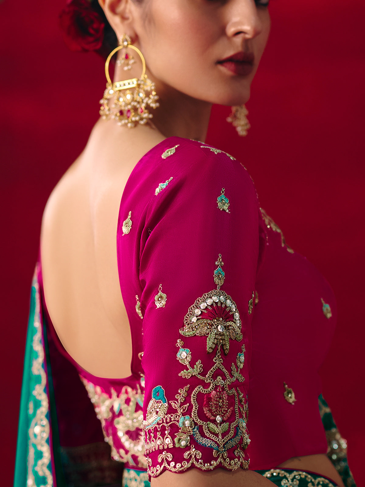 Rama green tissue organza wedding wear saree