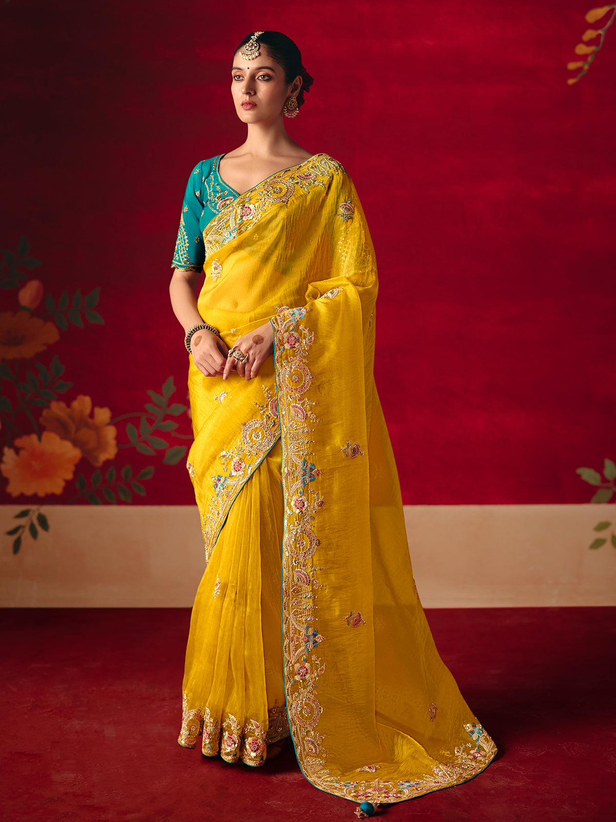 Mustard yellow tissue organza saree