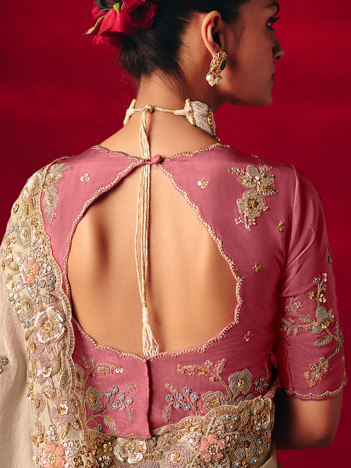 Beige tissue organza embroidered wedding saree