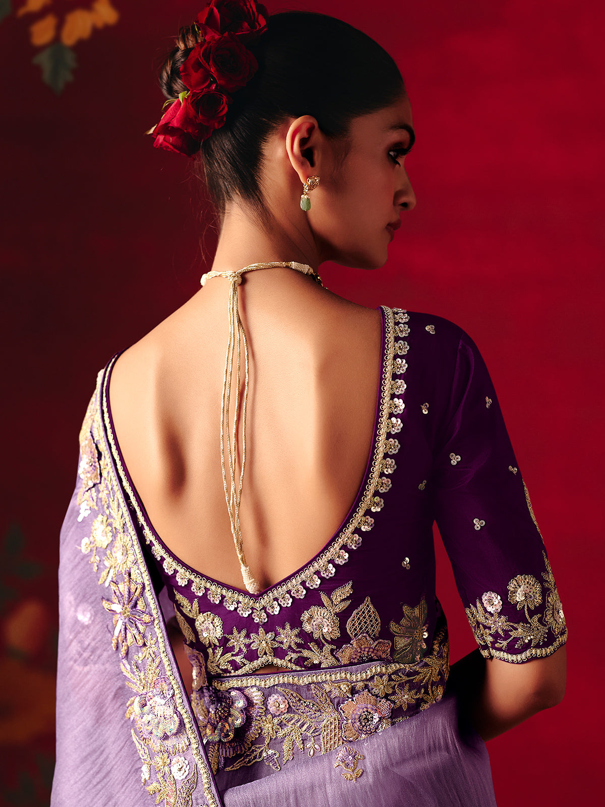 Lavender purple tissue organza embroidered work saree