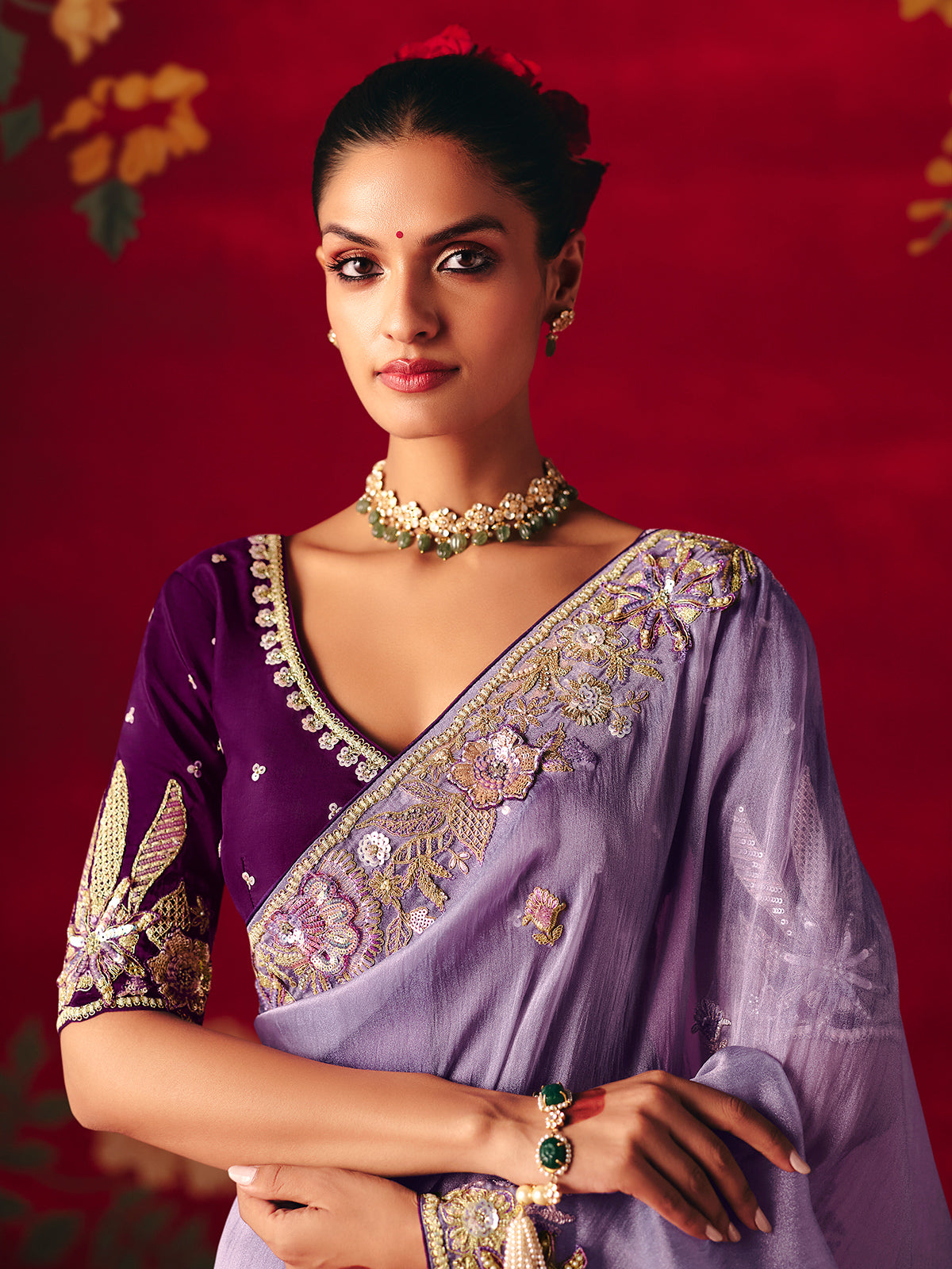 Lavender purple tissue organza embroidered work saree