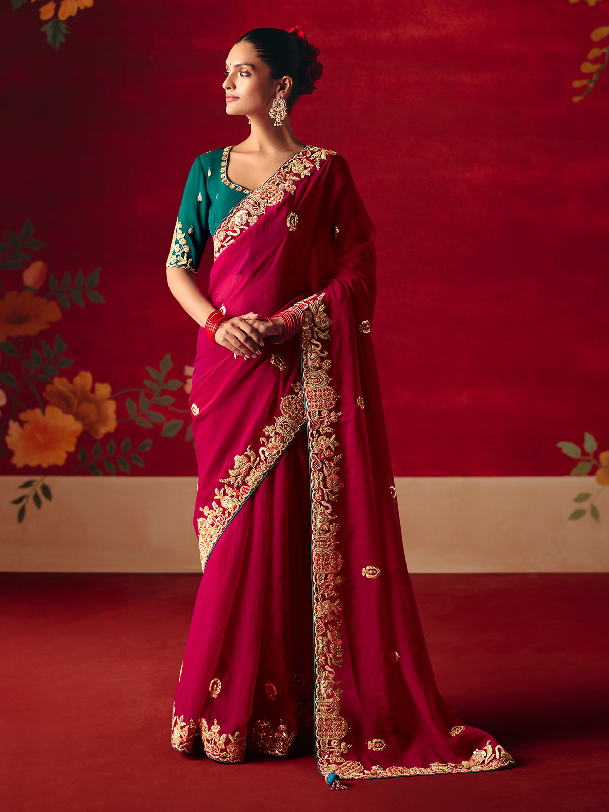 Deep magenta tissue organza wedding wear saree
