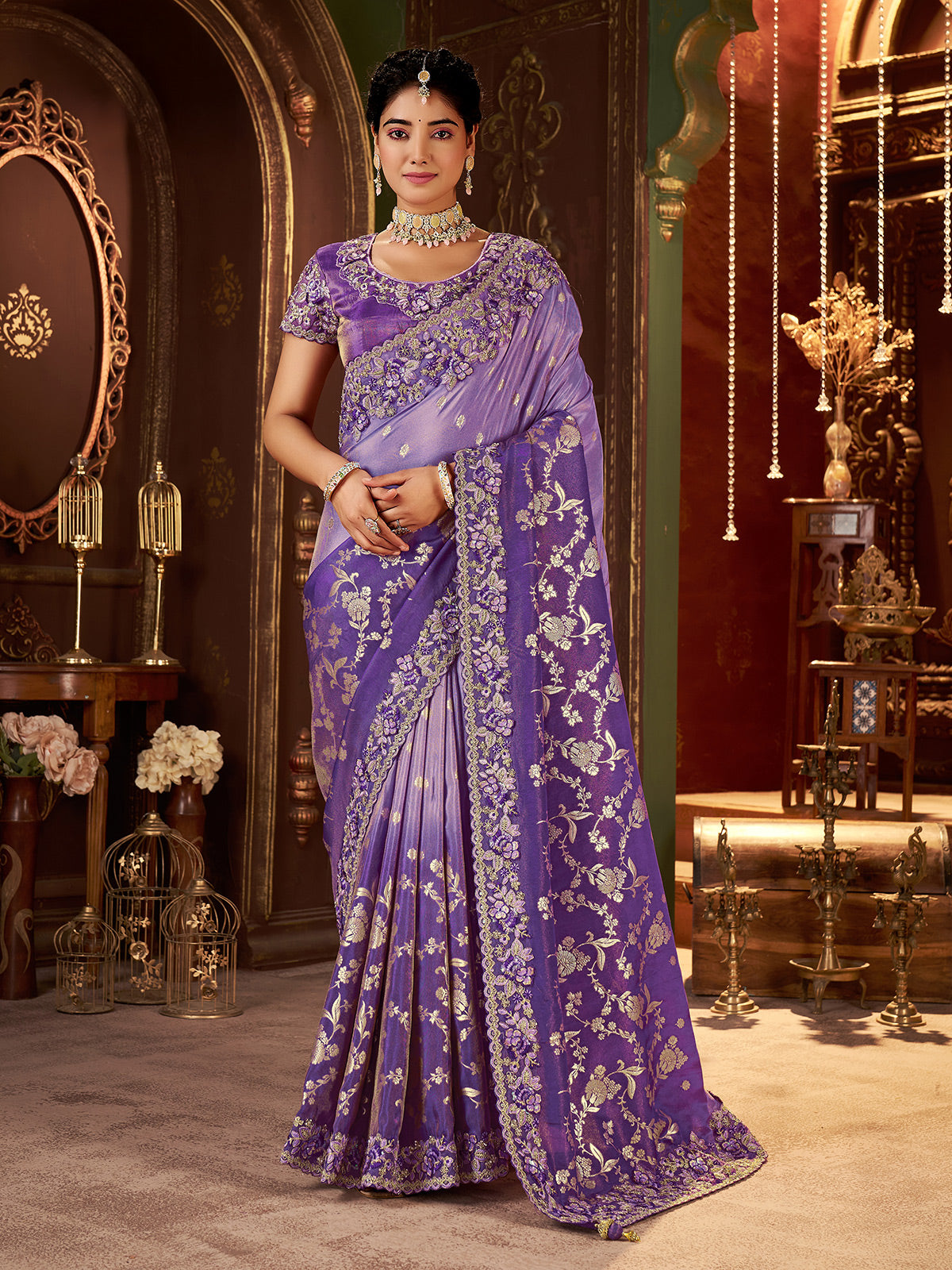 Shaded purple soft silk zardosi work saree