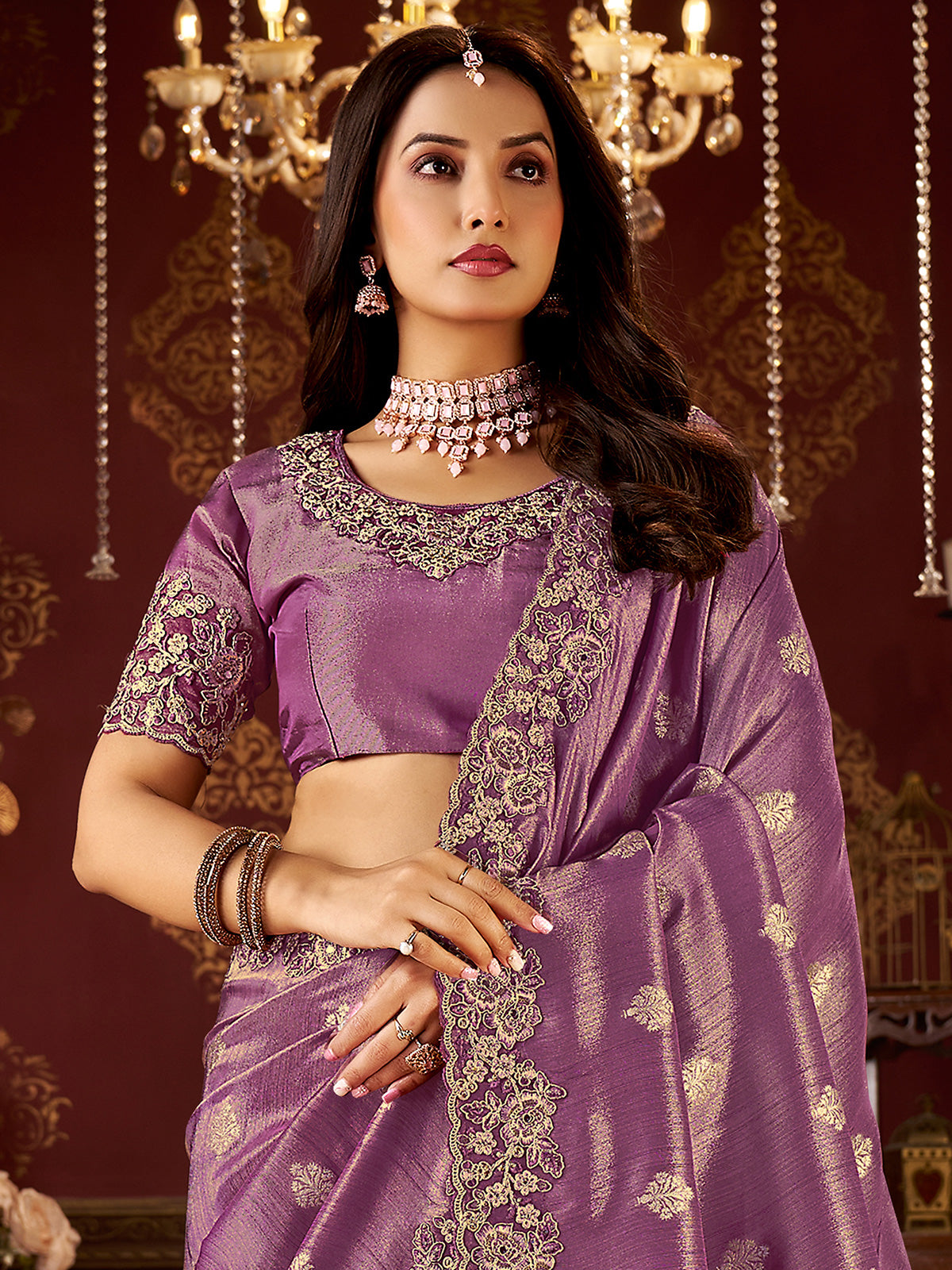 Purple soft silk embroidered work festive wear saree