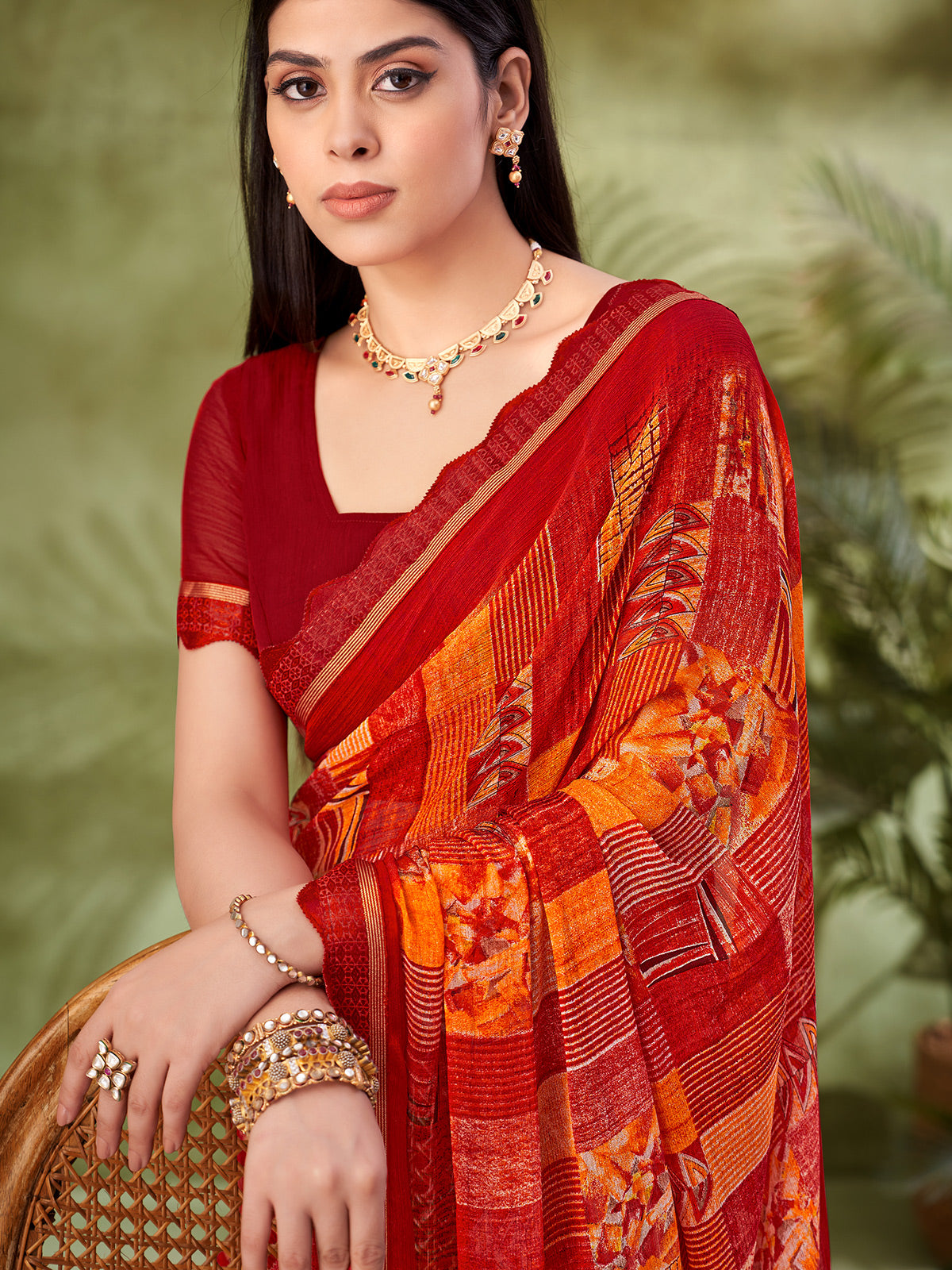 Red geometric printed georgette saree
