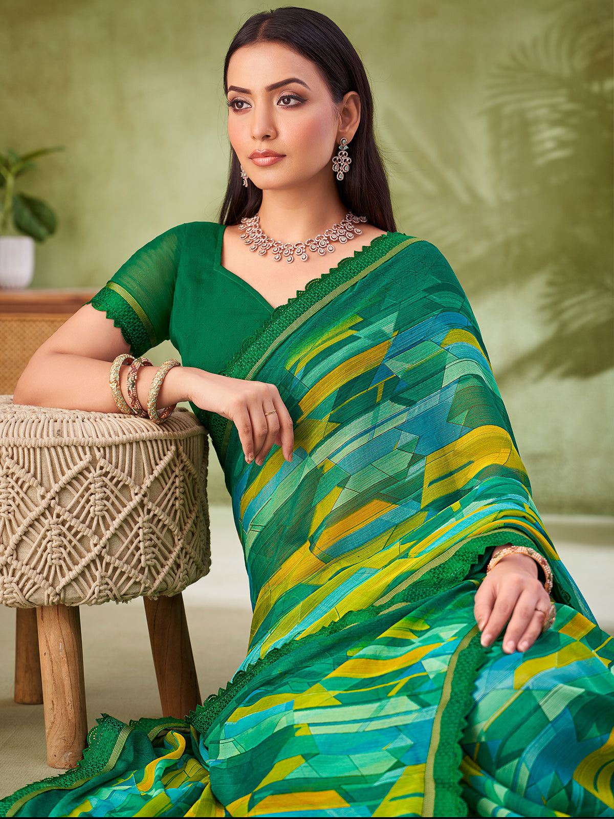 Green classic geometric georgette saree