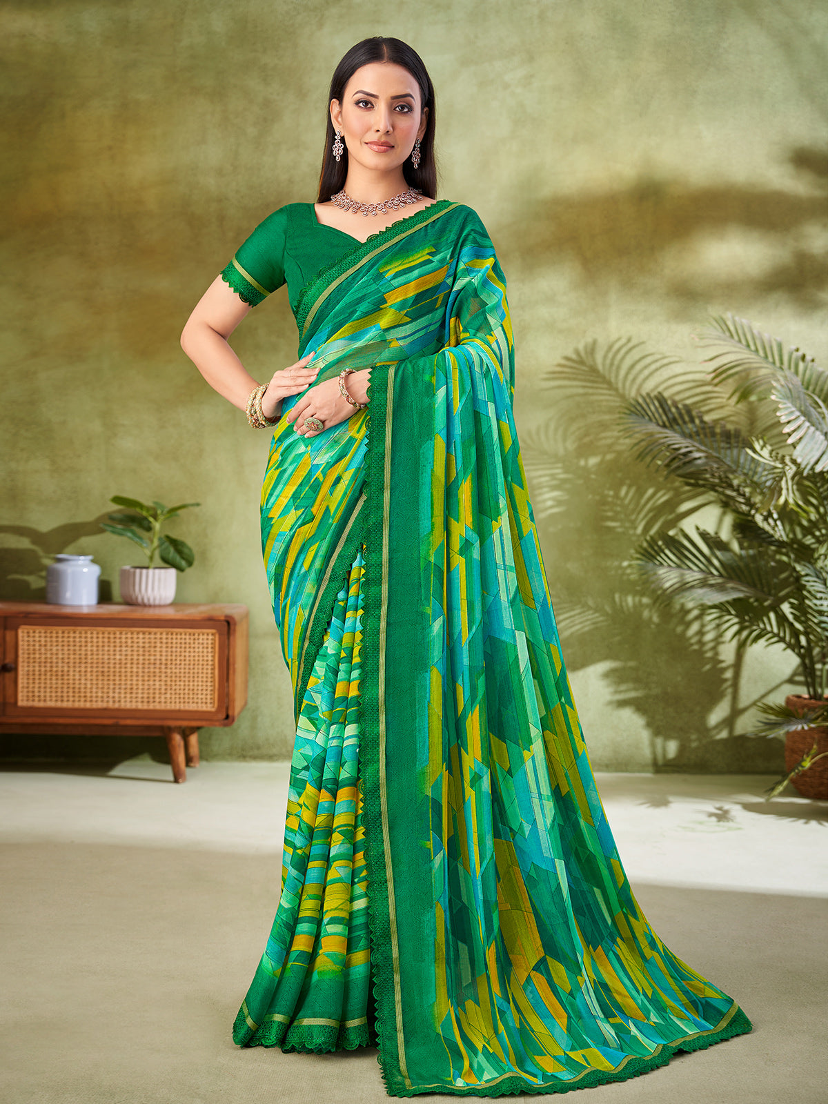 Green classic geometric georgette saree