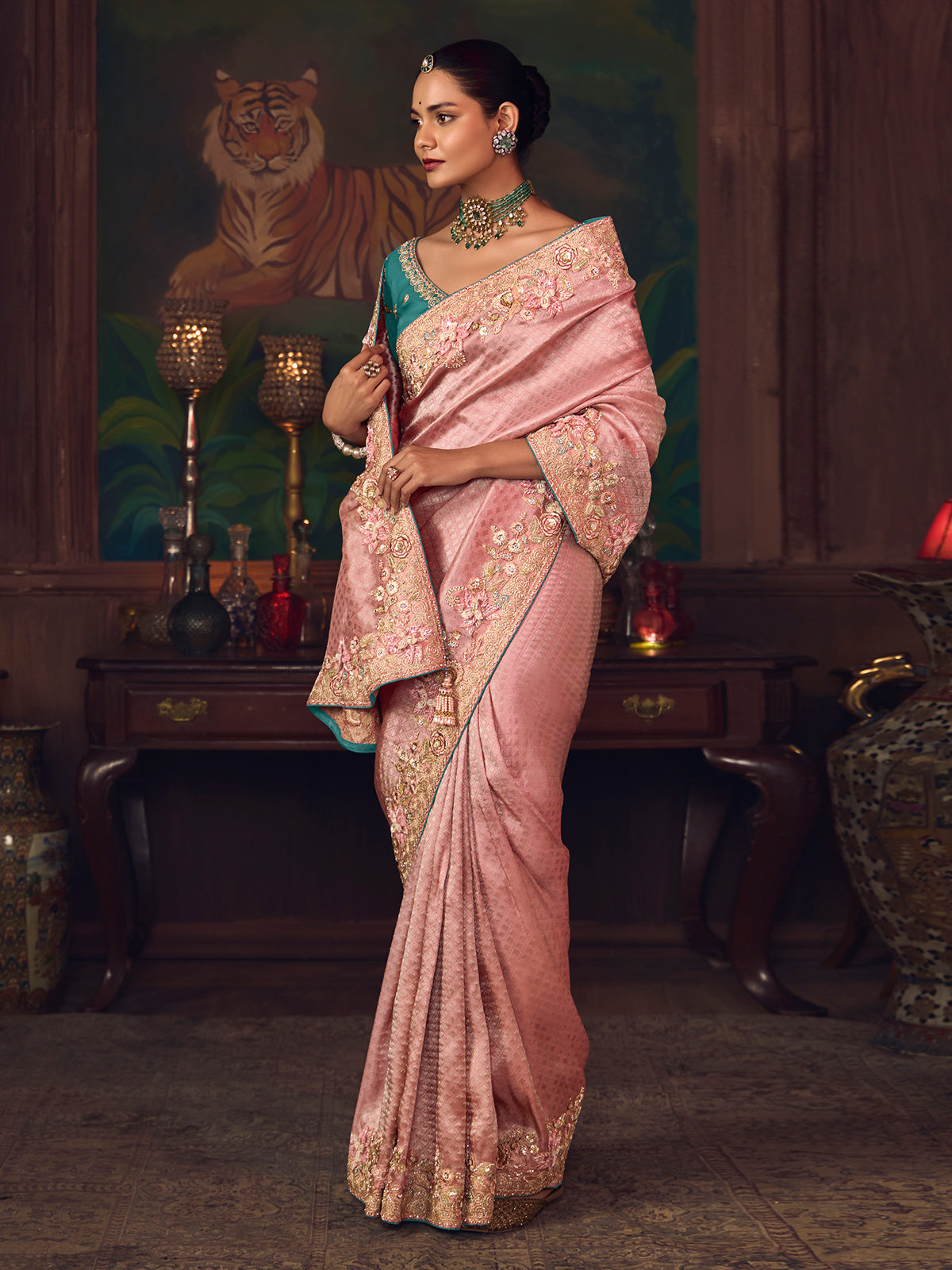 Onion pink silk embroidered festive saree