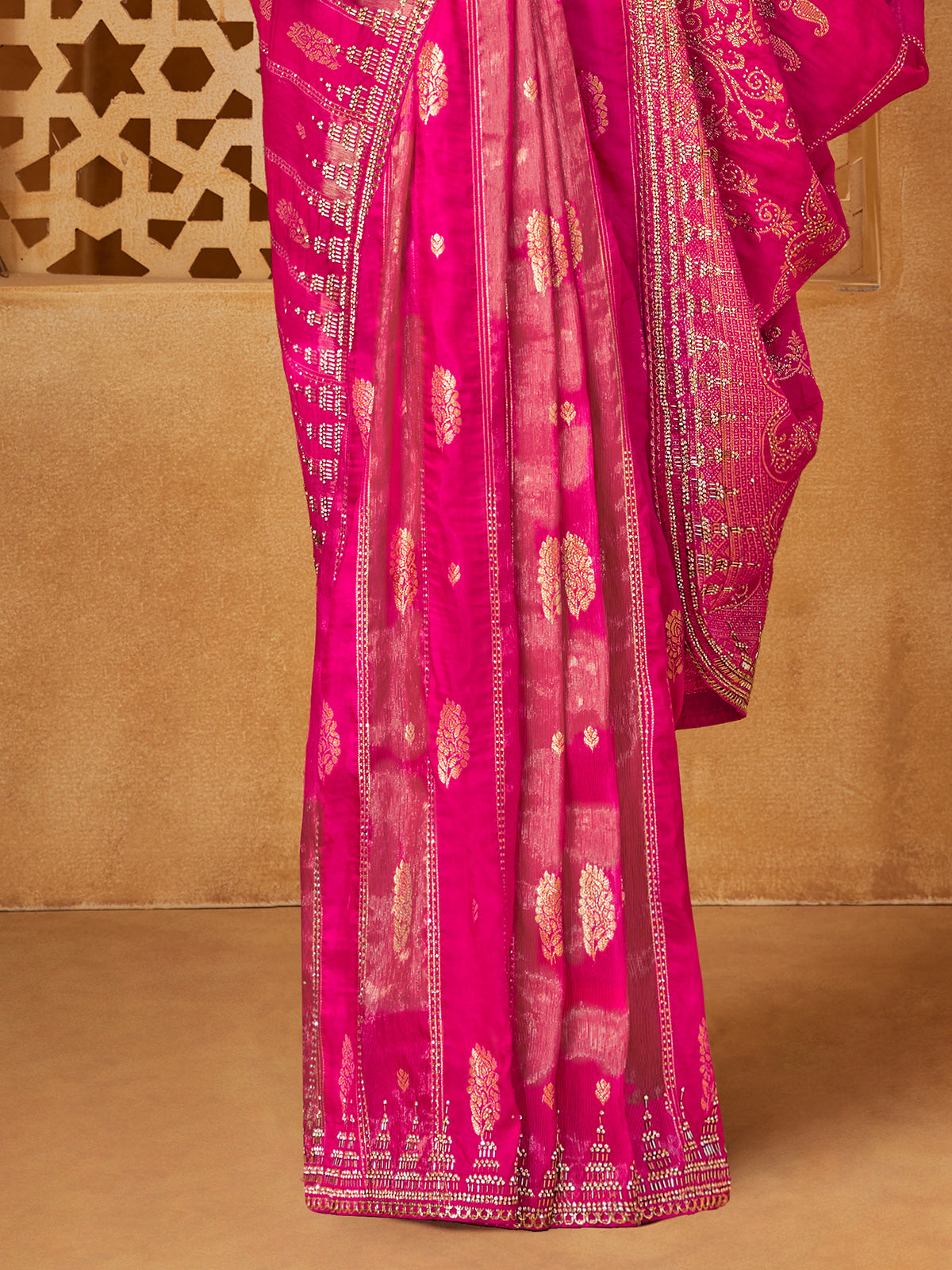 Rani pink viscose embellished wedding saree