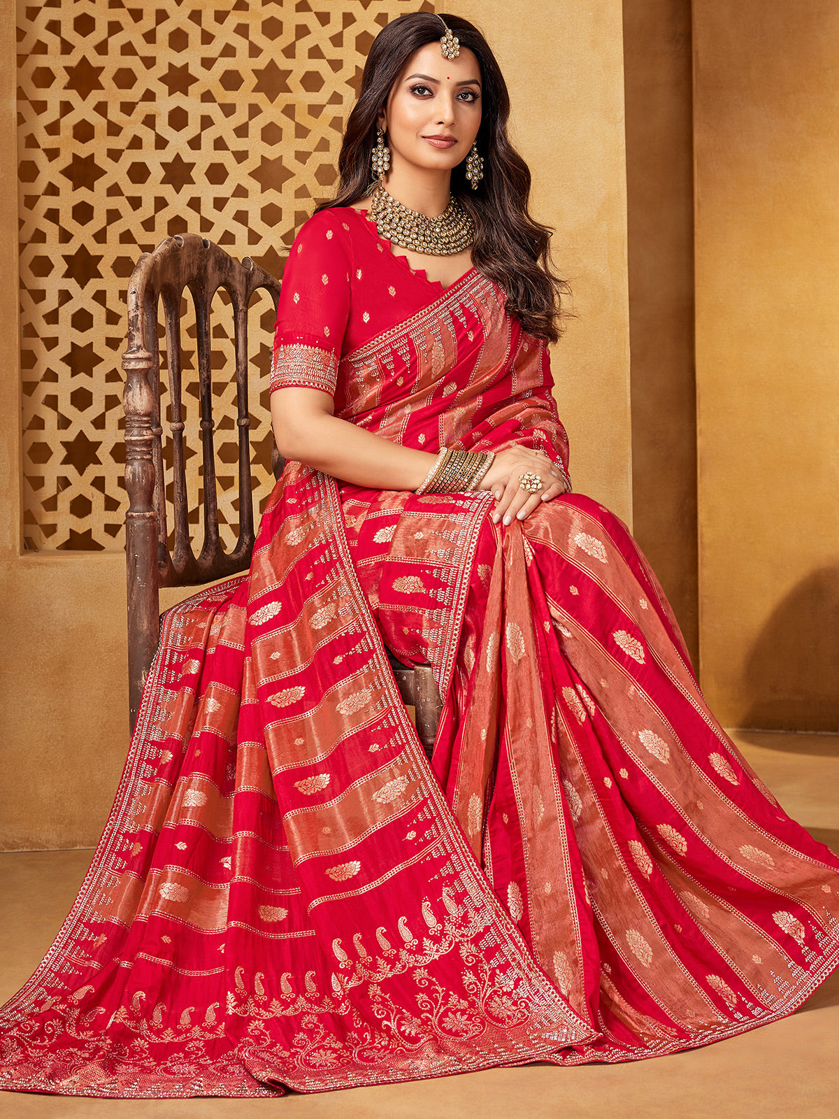 Red viscose embellished wedding saree