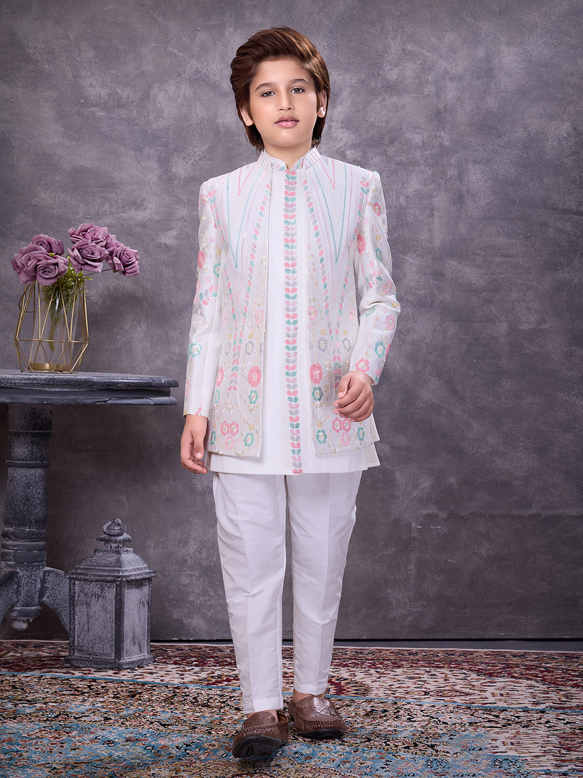 Graceful white silk jacketed celebration ensemble
