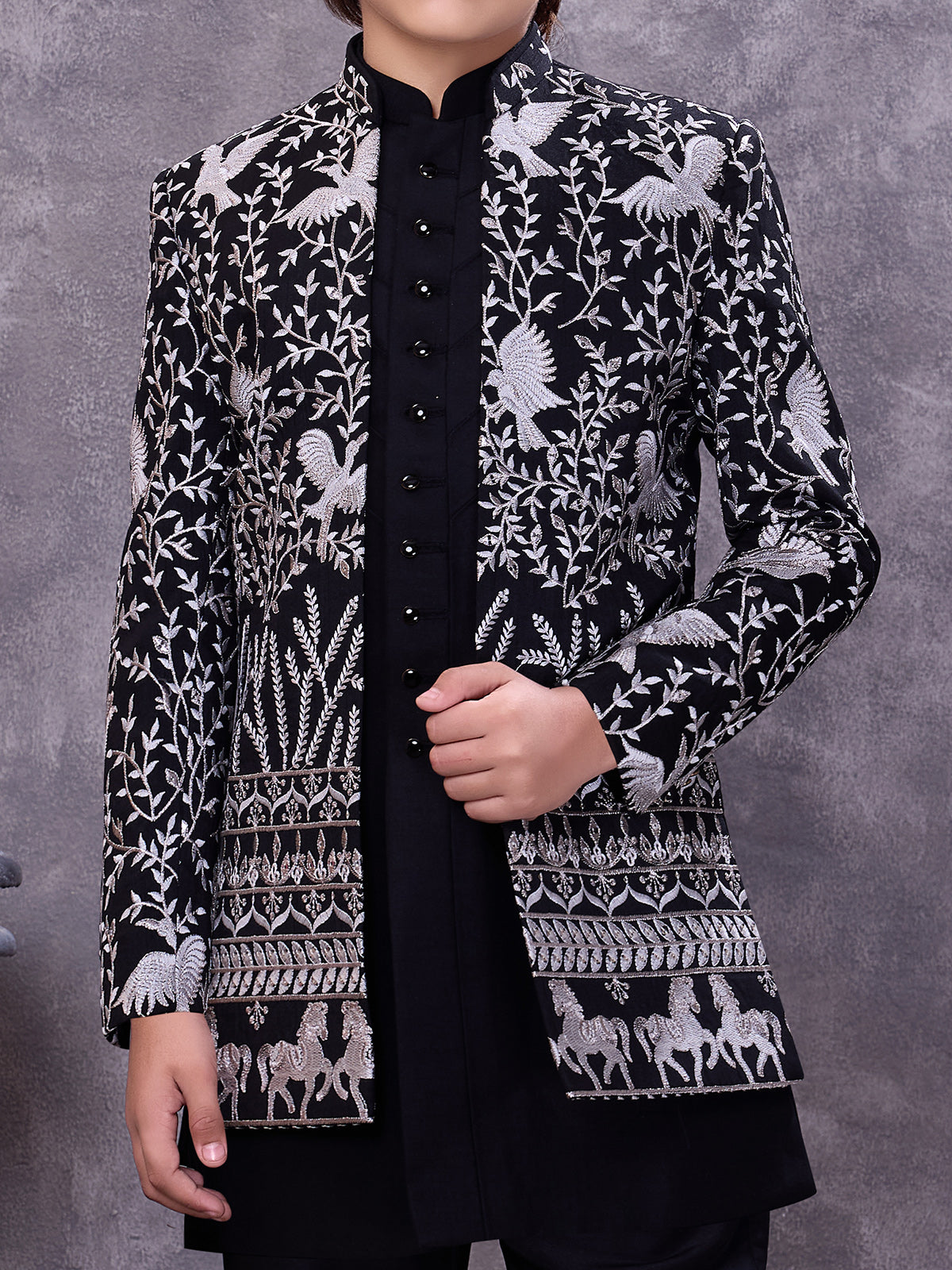 Bold black jacquard jacketed ethnic ensemble