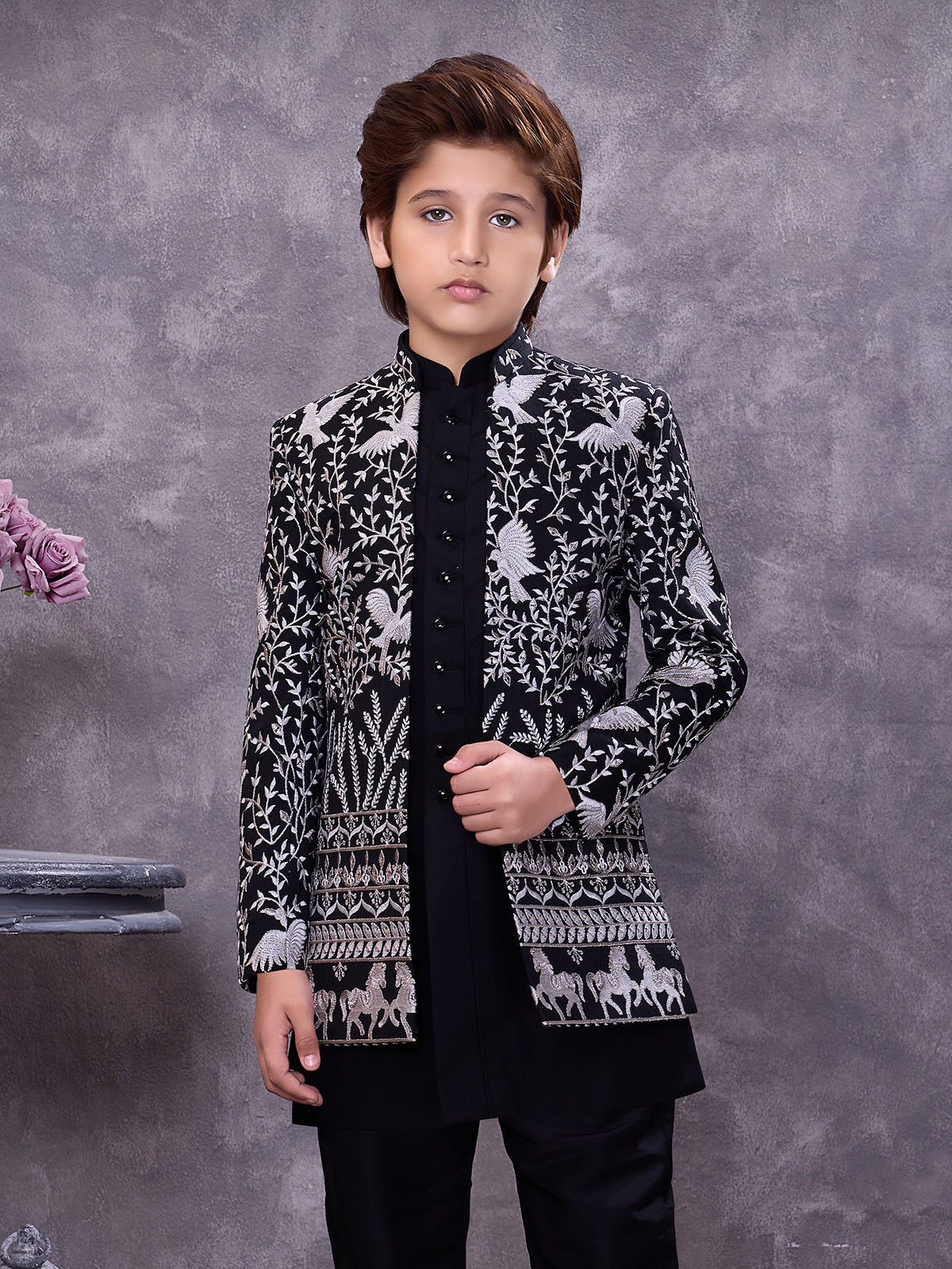 Bold black jacquard jacketed ethnic ensemble