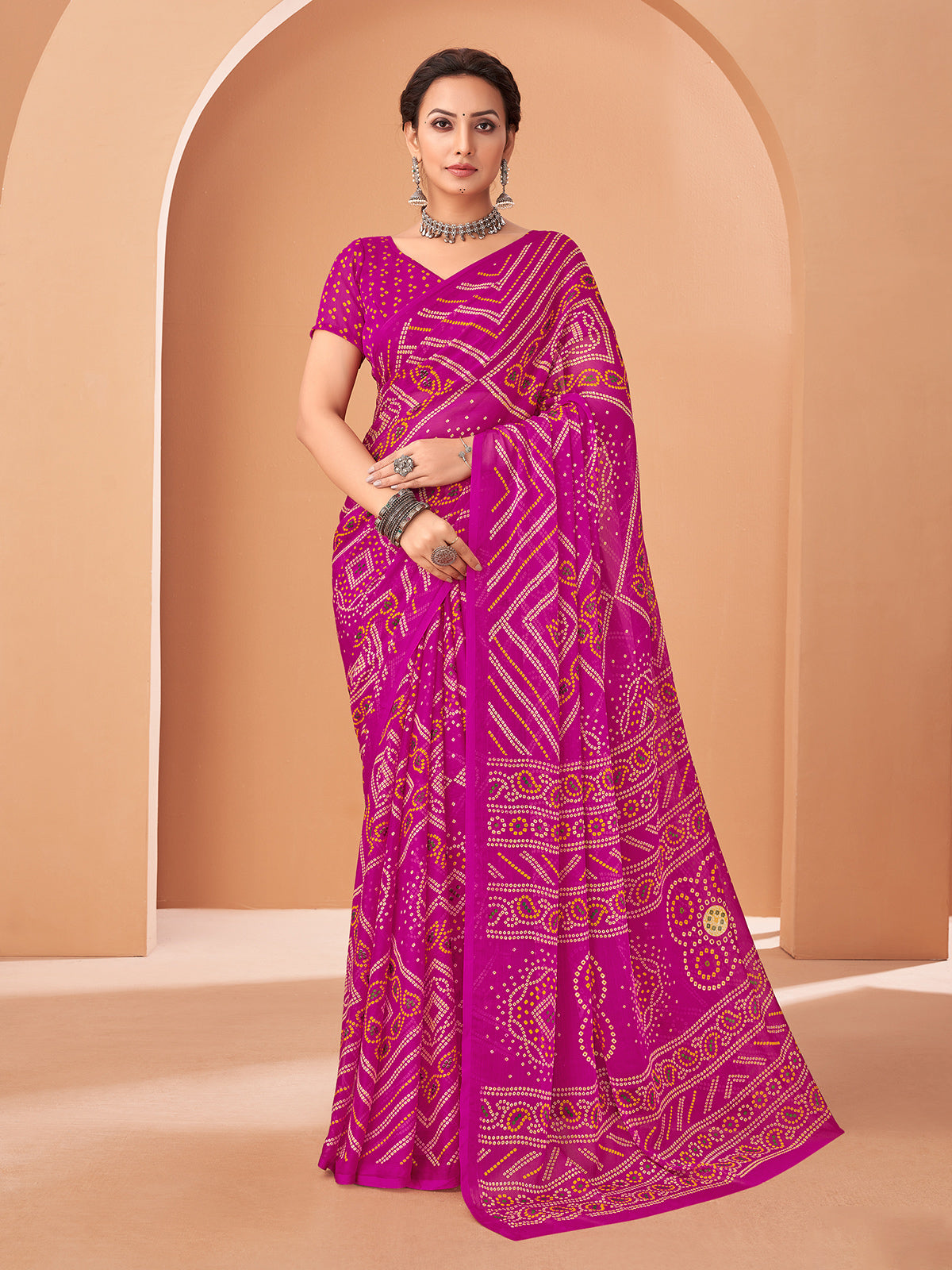 Pink bandhani printed chiffon saree