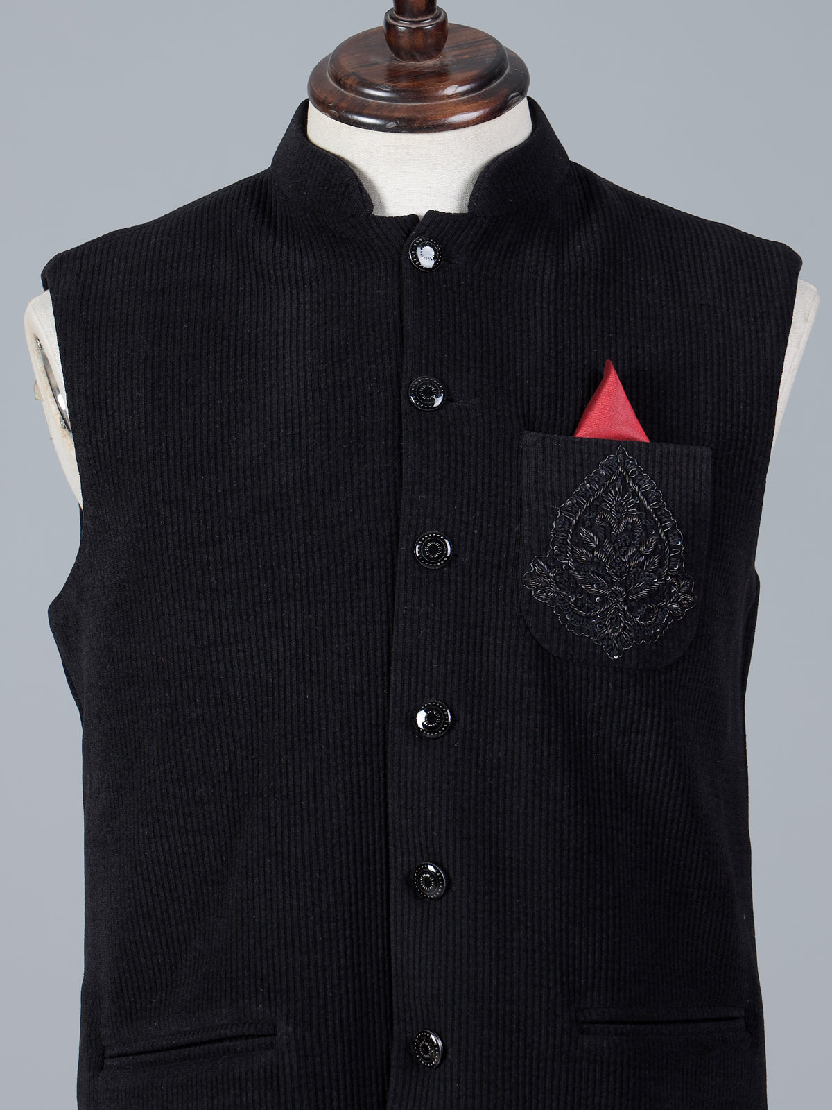 Black woolen waistcoat with zardosi work on pocket