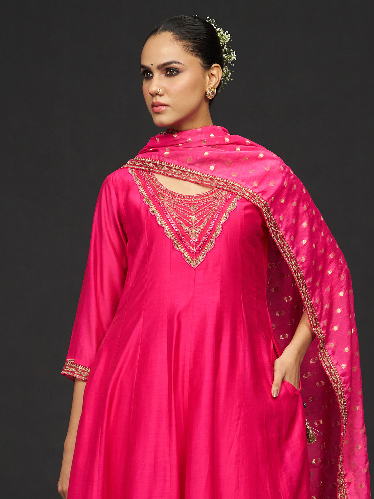 Magenta resham work silk kurti set