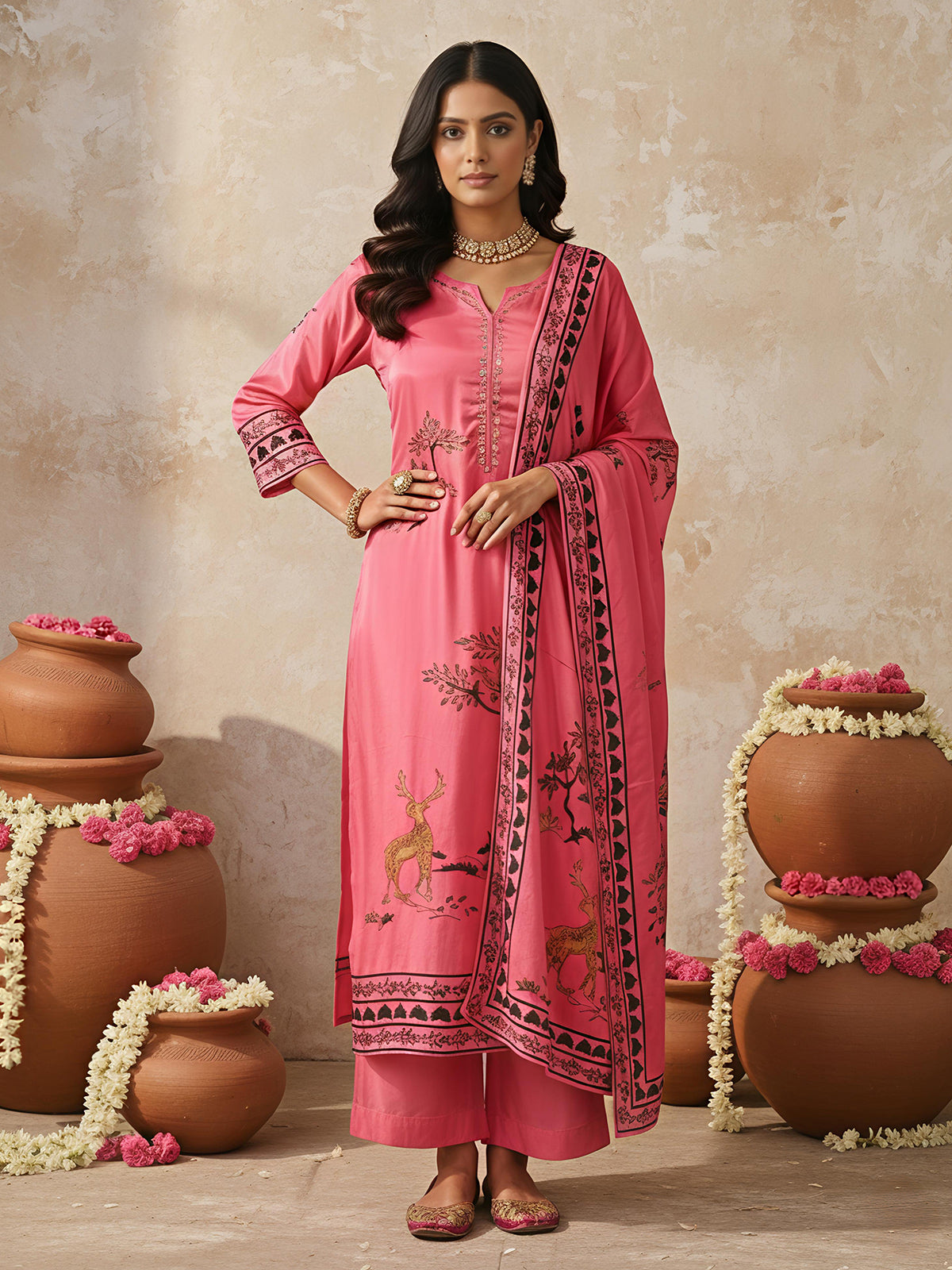 Pink printed thread and sequins palazzo kurti set