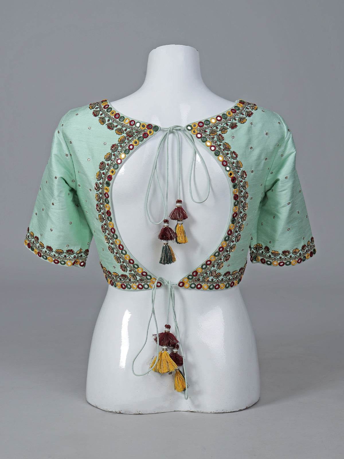 Aqua blue raw silk mirror work blouse