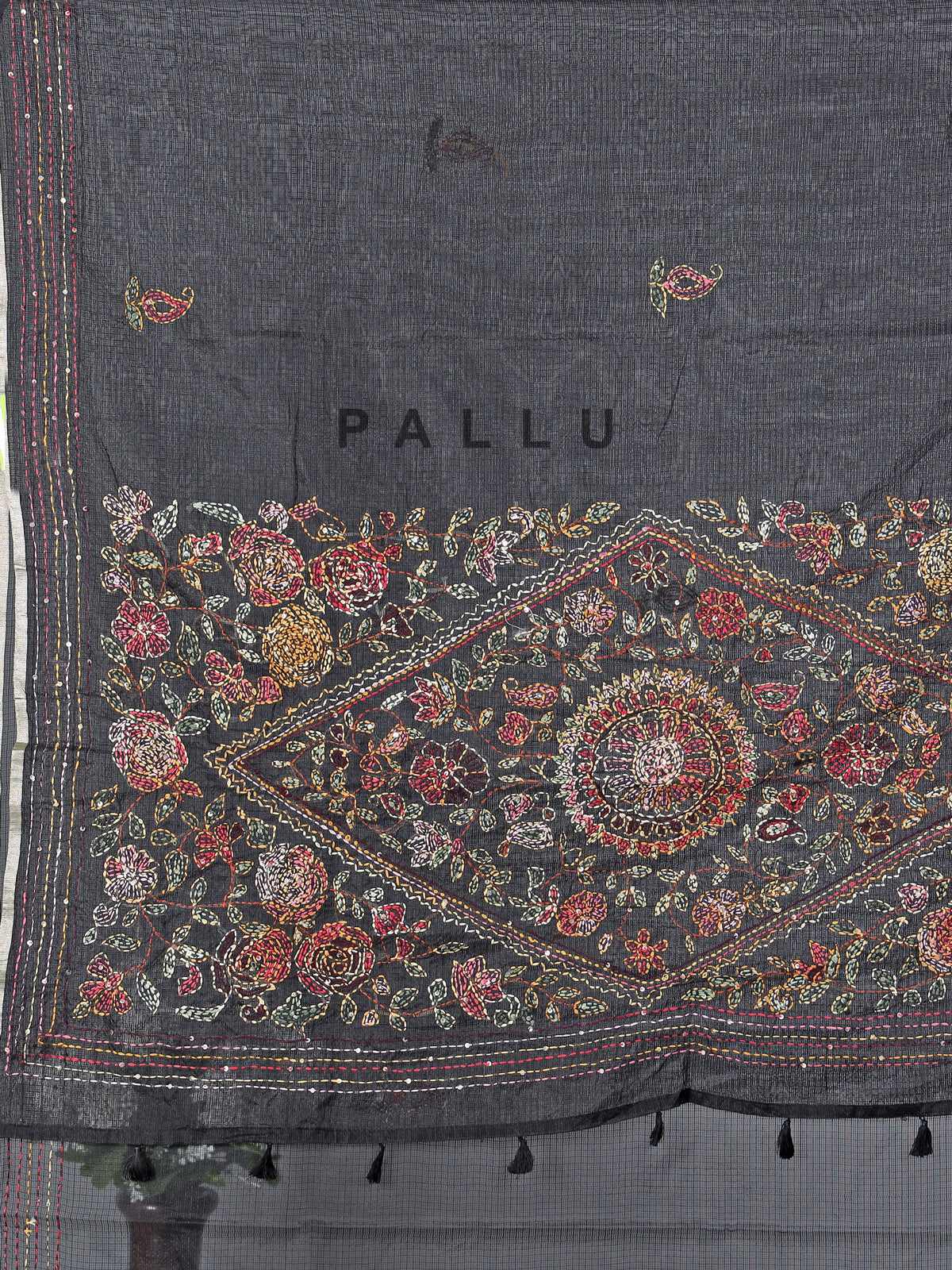 Black cotton silk saree with thread and sequins work
