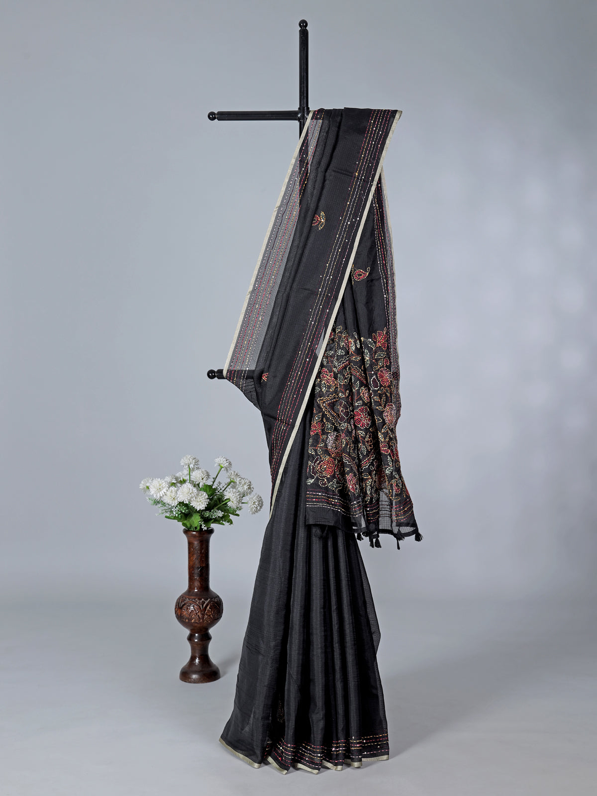 Black cotton silk saree with thread and sequins work